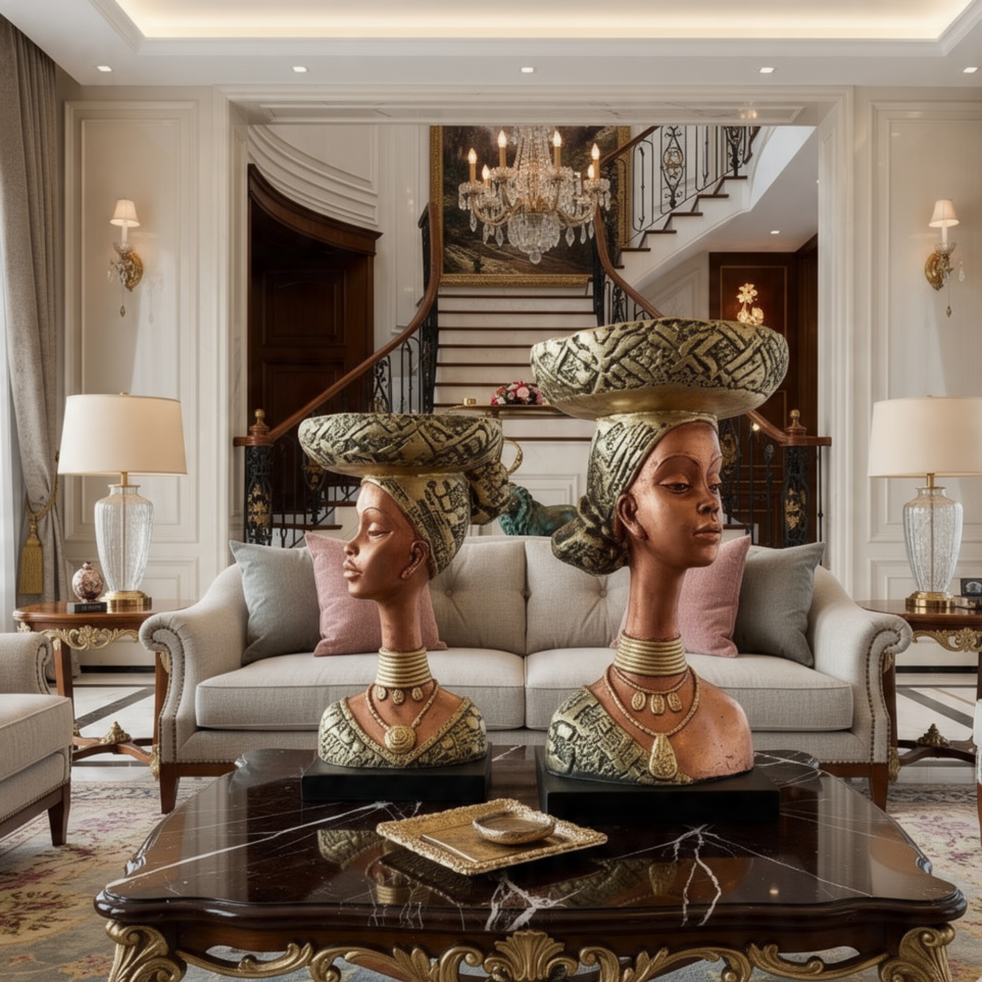 luxeholic african queen bust sculpture decor fruit bowl elegant gold statue key holder