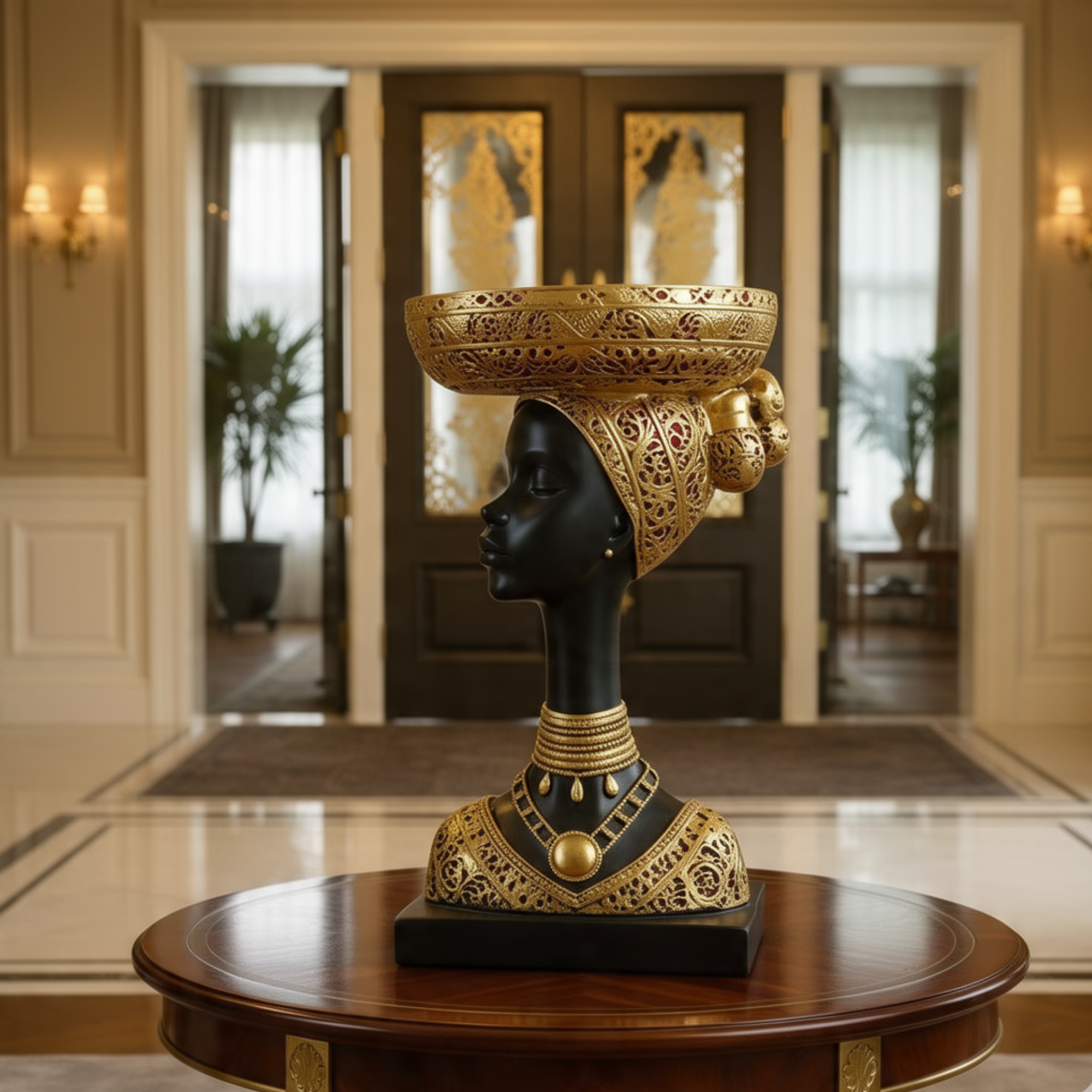 african woman bust statue black gold tribal sculpture with basket