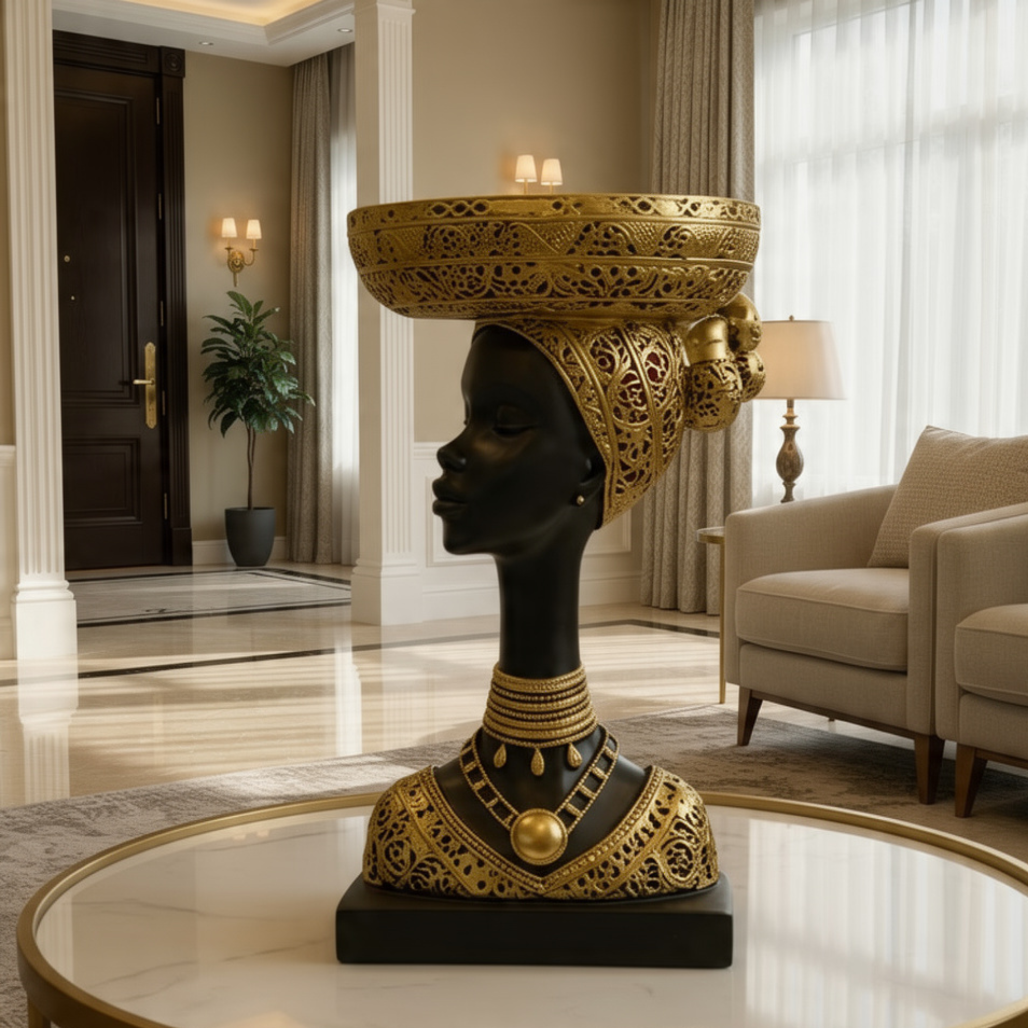 african woman bust statue black gold tribal sculpture with basket