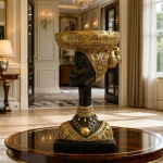 african woman bust statue black gold tribal sculpture with basket