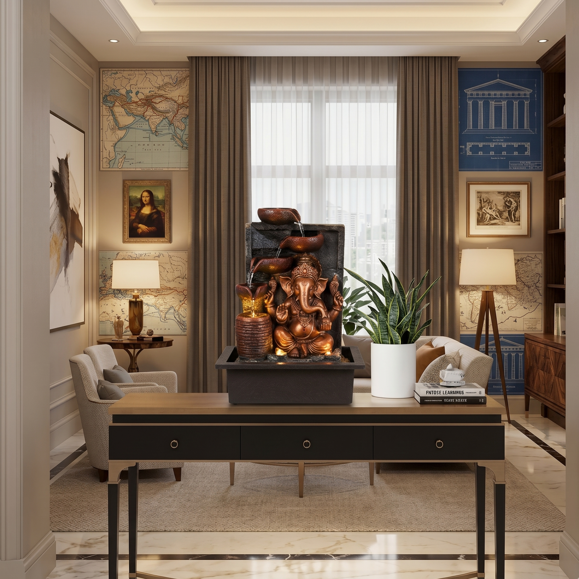 16" antique copper ganesha fiber water fountain led indoor waterfall