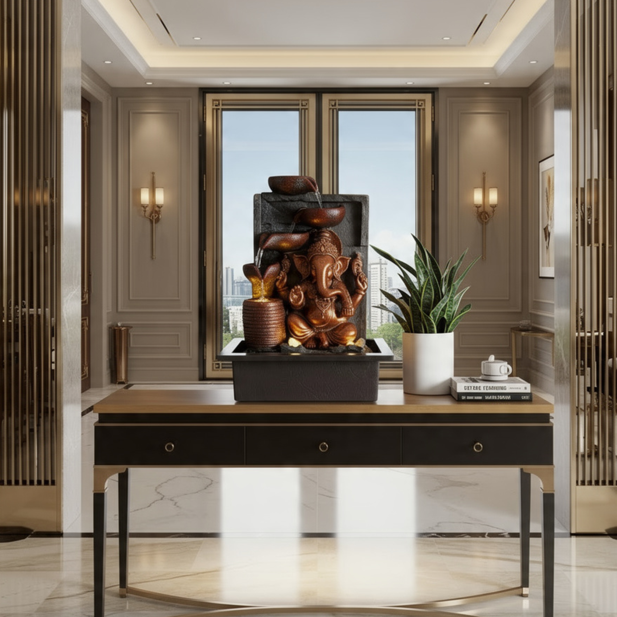 16" antique copper ganesha fiber water fountain led indoor waterfall