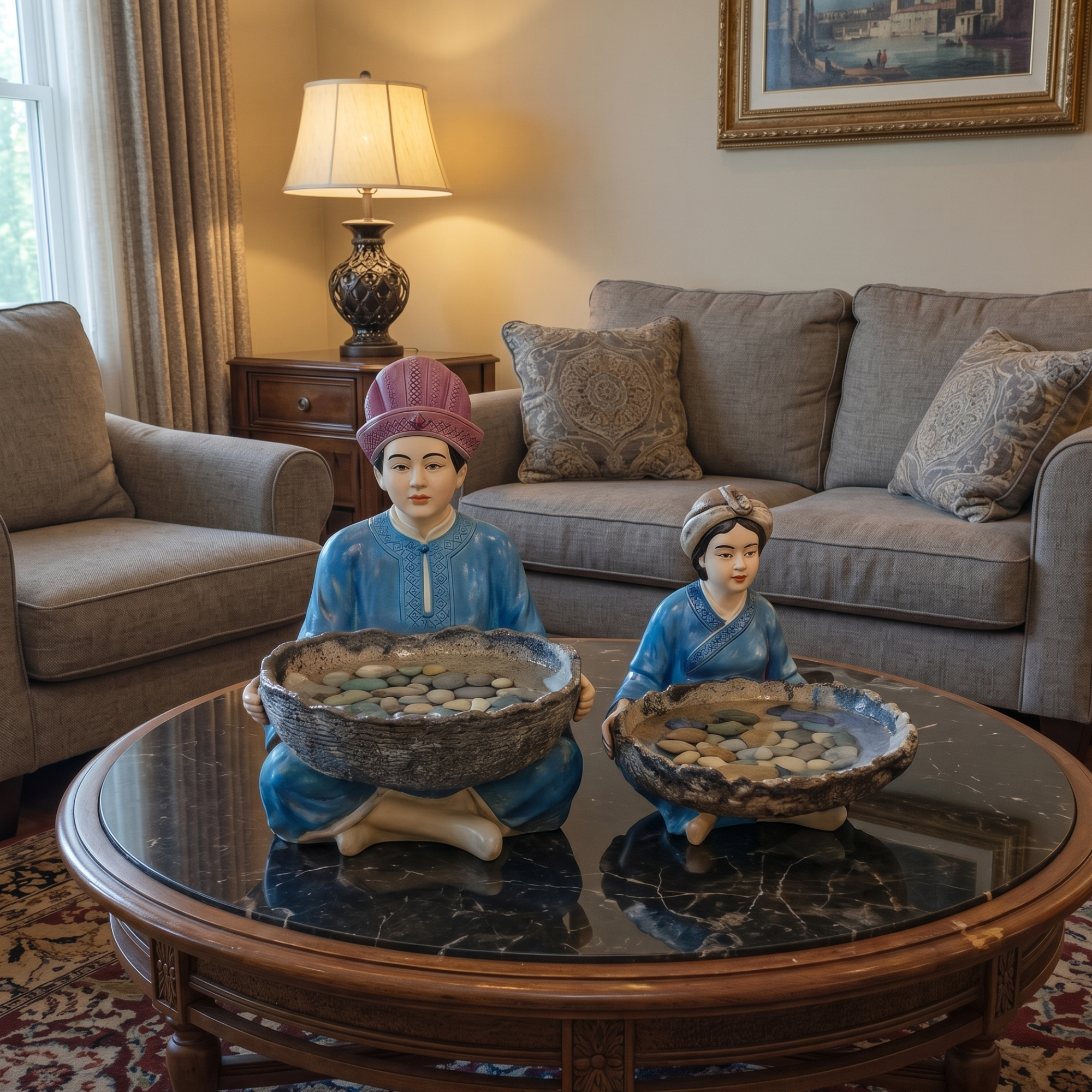 set of 2 ethnic artisan figurine bowls blue gold home decorative sculpture by luxeholic