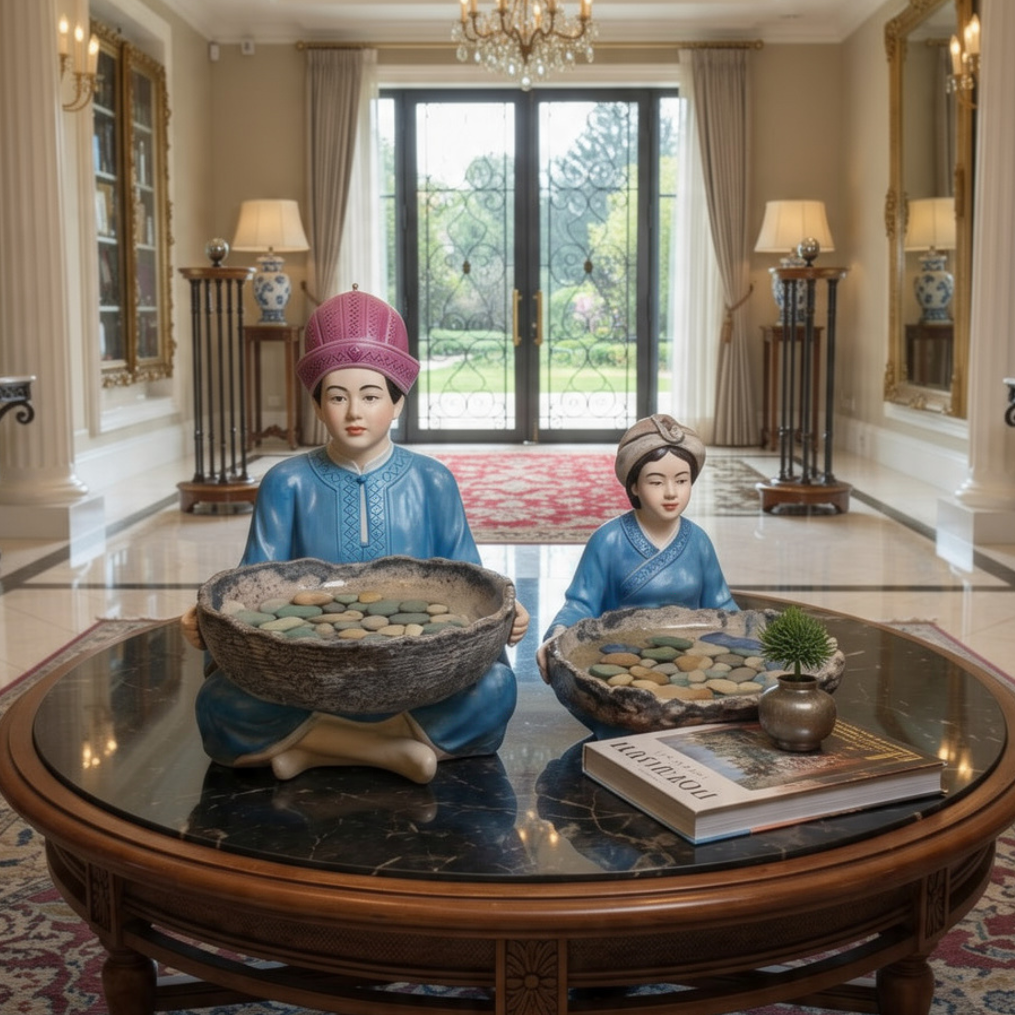 set of 2 ethnic artisan figurine bowls blue gold home decorative sculpture by luxeholic