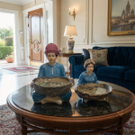 set of 2 ethnic artisan figurine bowls blue gold home decorative sculpture by luxeholic