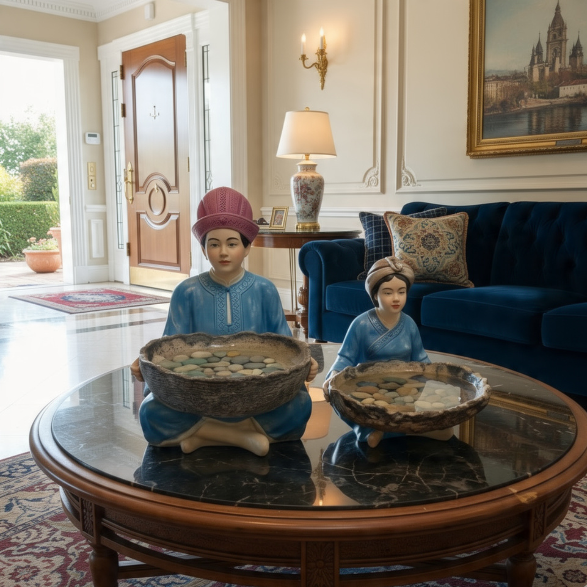 set of 2 ethnic artisan figurine bowls blue gold home decorative sculpture by luxeholic