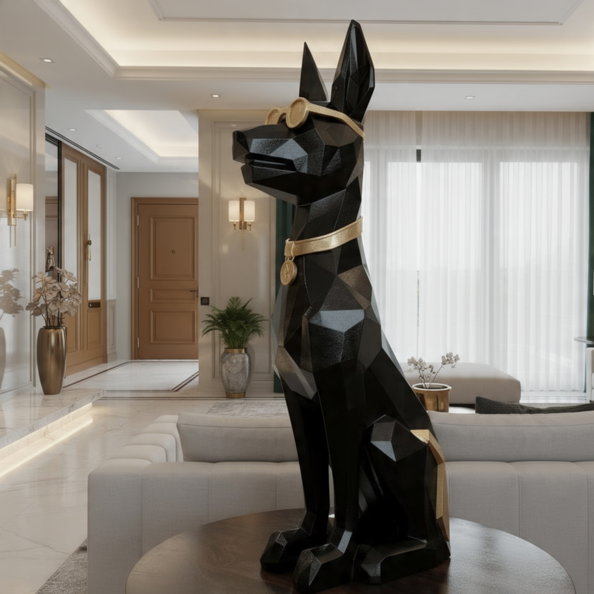 modern geometric doberman sculpture large black gold dog statue luxury home