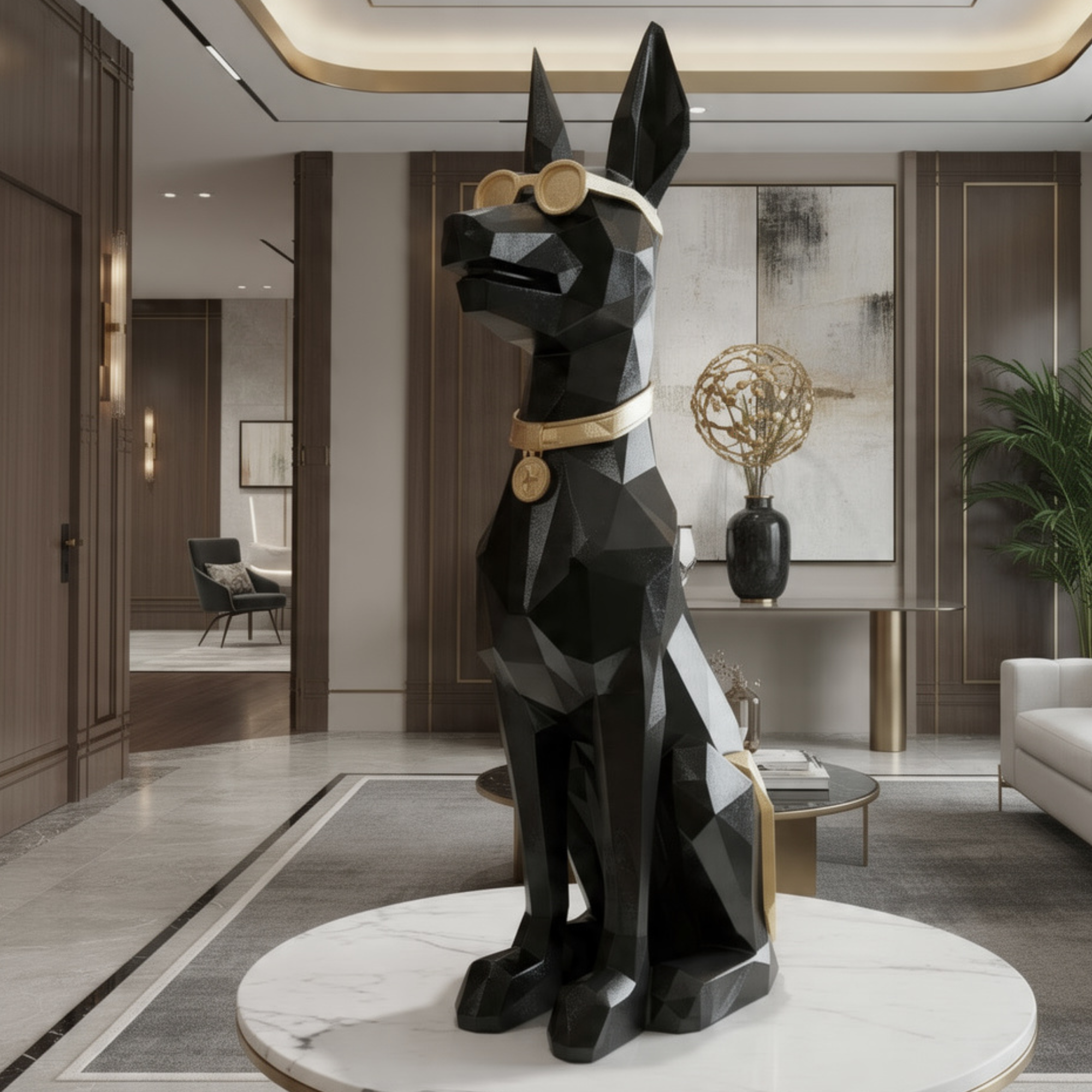 modern geometric doberman sculpture large black gold dog statue luxury home