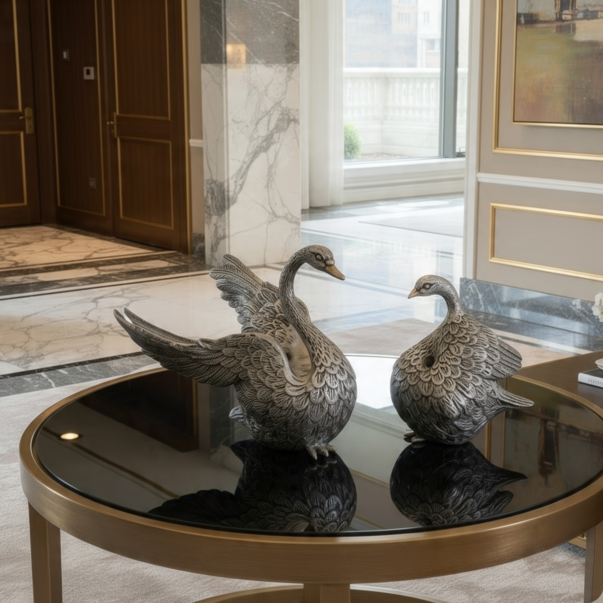 bronze finish swan statues luxeholic luxury home decor, set of 2