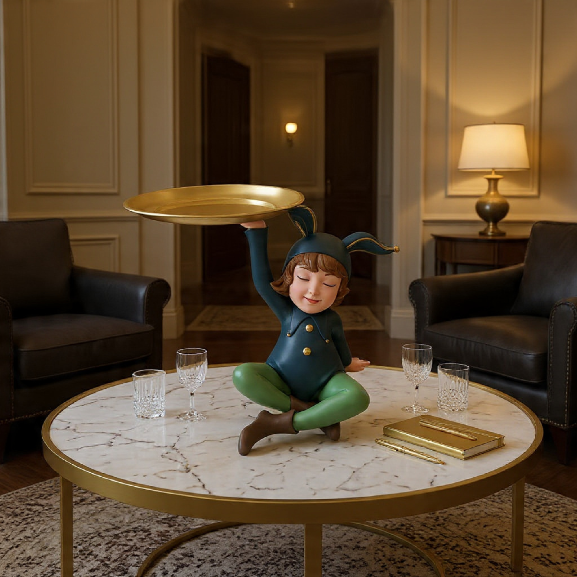 whimsical bunny girl figurine with gold tray unique desktop sculpture by luxeholic