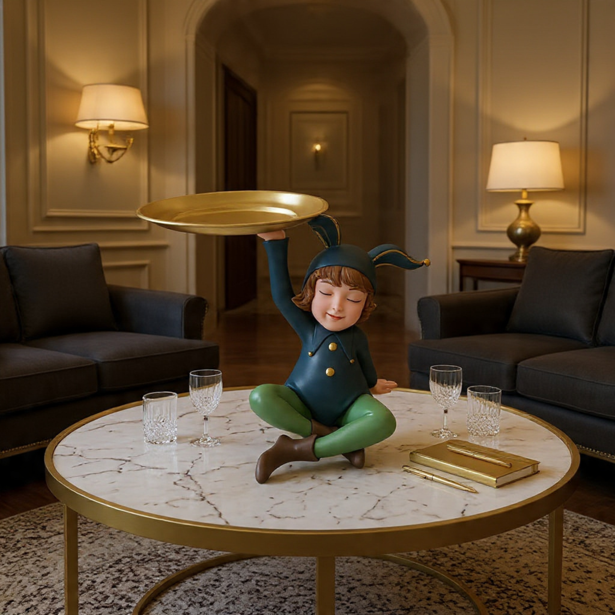 whimsical bunny girl figurine with gold tray unique desktop sculpture by luxeholic