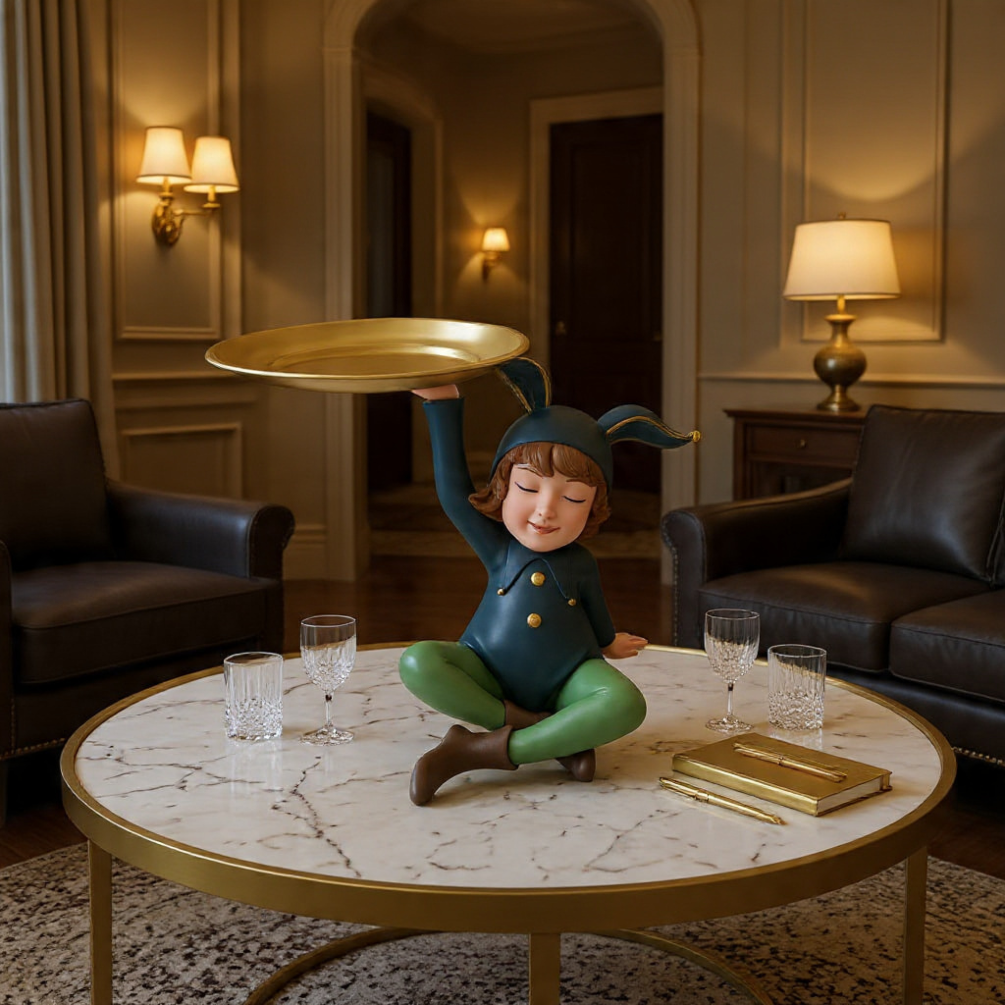 whimsical bunny girl figurine with gold tray unique desktop sculpture by luxeholic