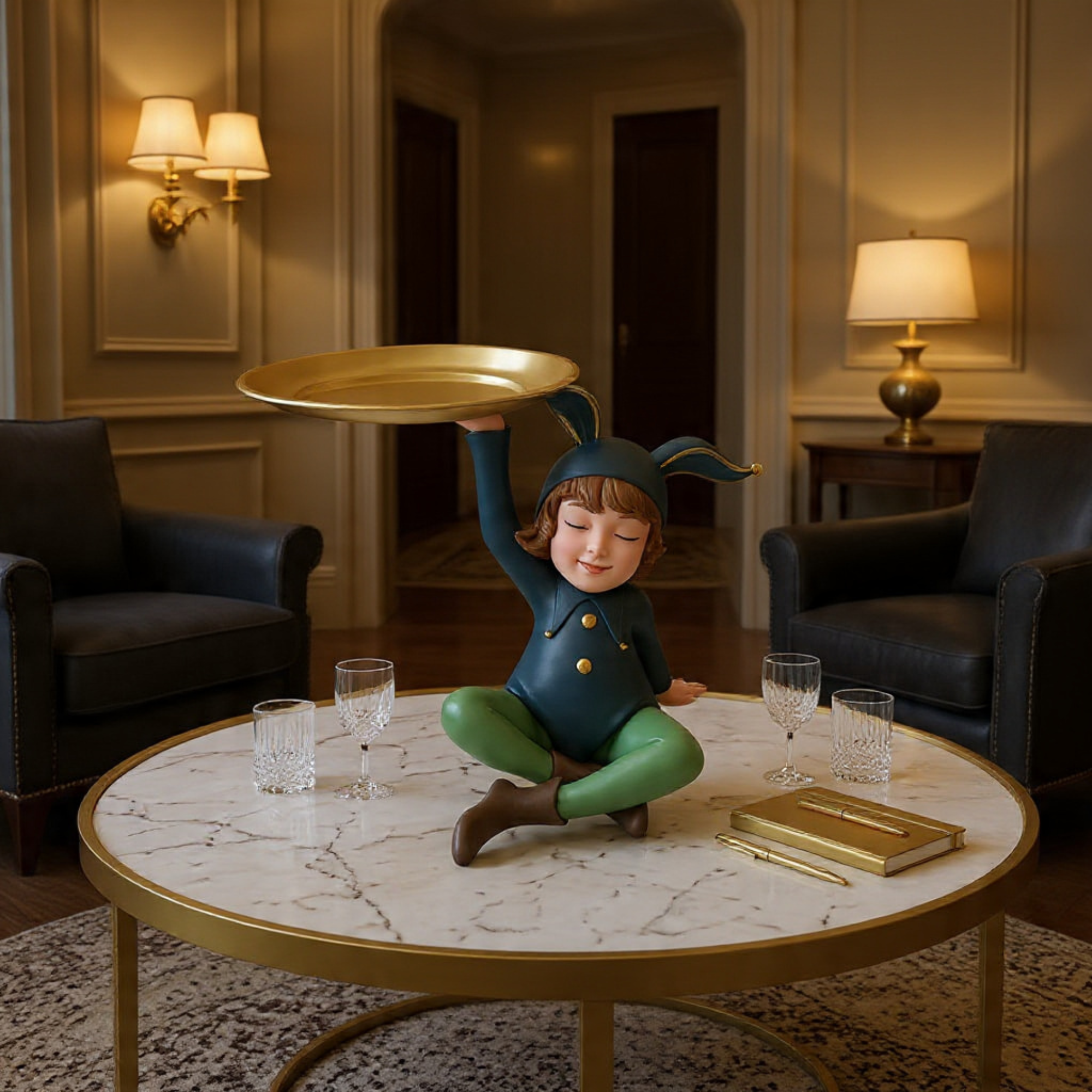 whimsical bunny girl figurine with gold tray unique desktop sculpture by luxeholic