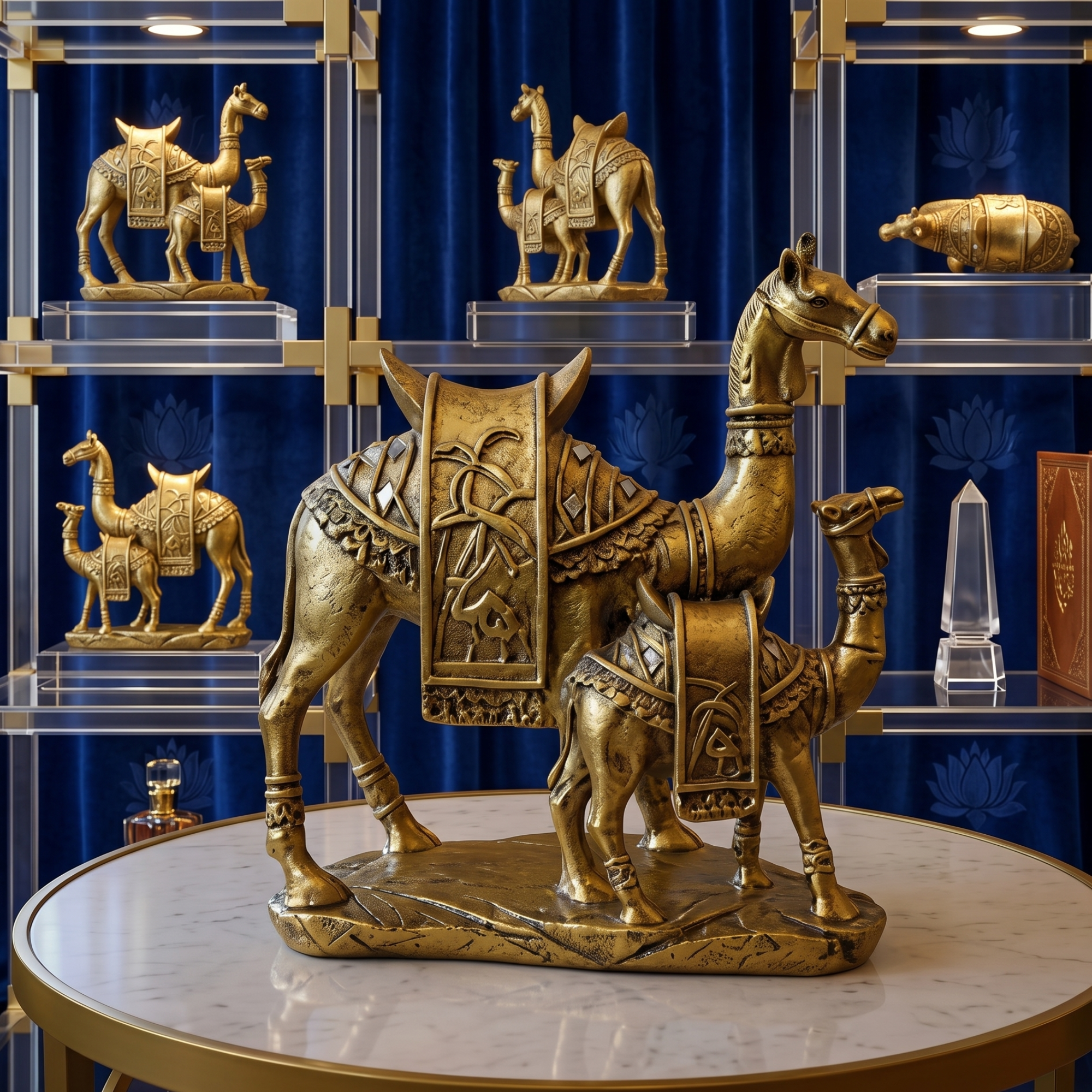 antique gold camel calf statue ornate desert decor sculpture with mirror details by luxeholic