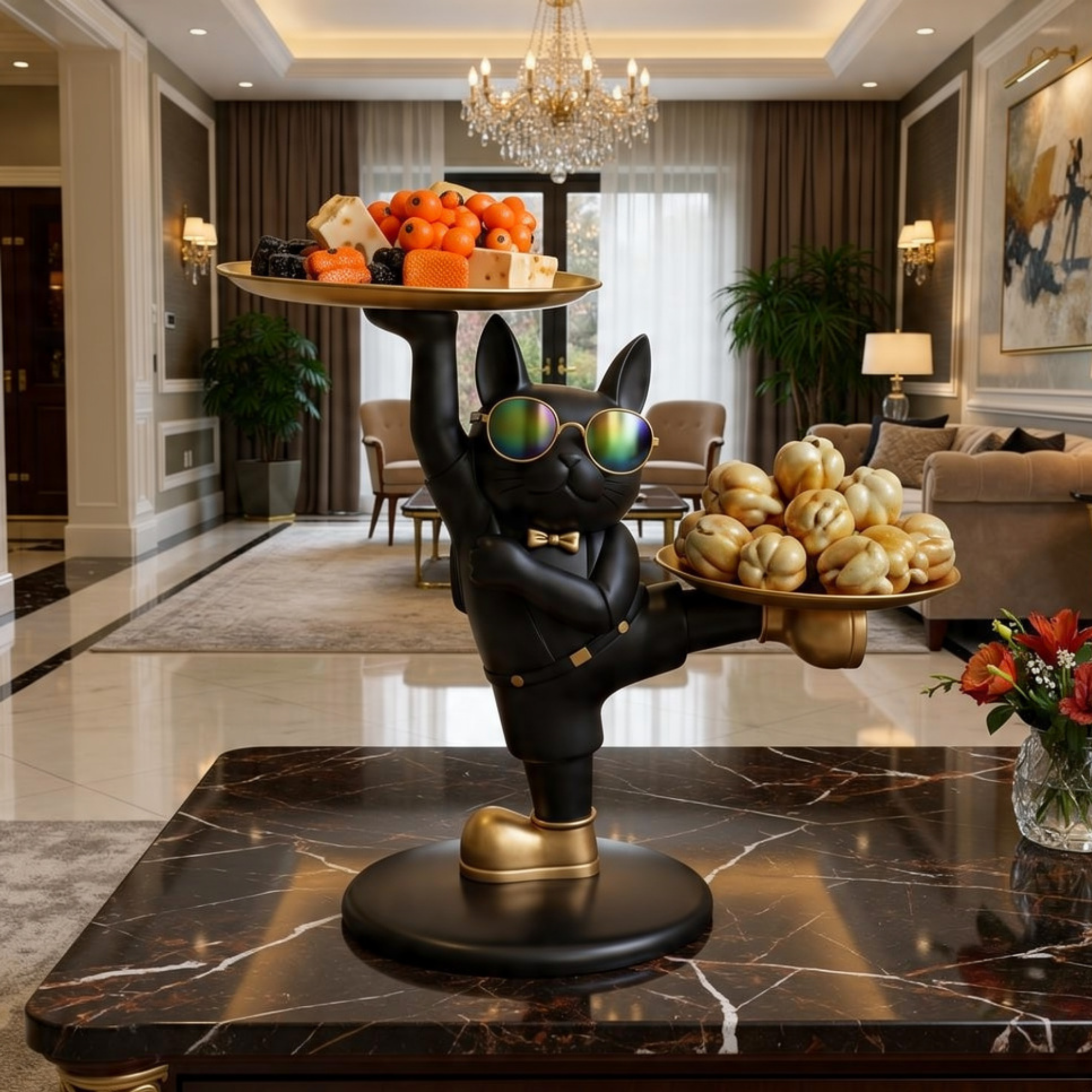 dancing bulldog statue with sunglasses resin table storage tray sculpture by luxeholic