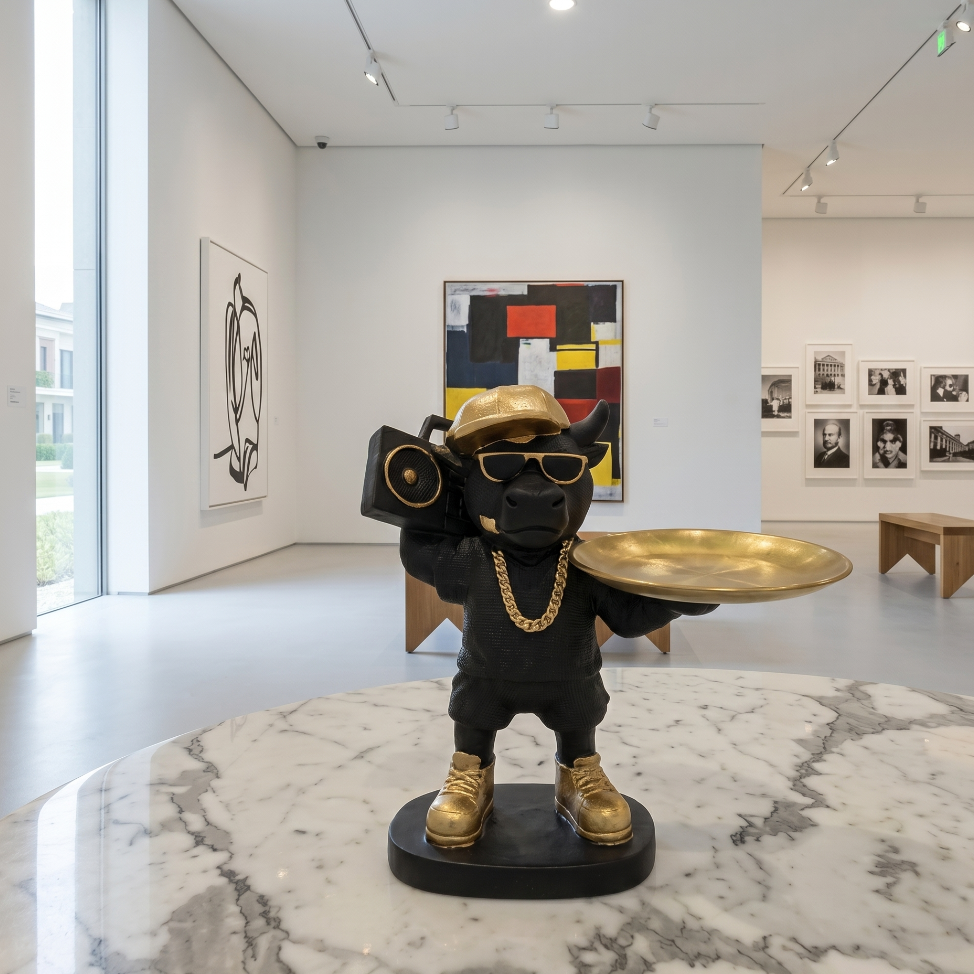 hip hop french bulldog butler statue with gold tray