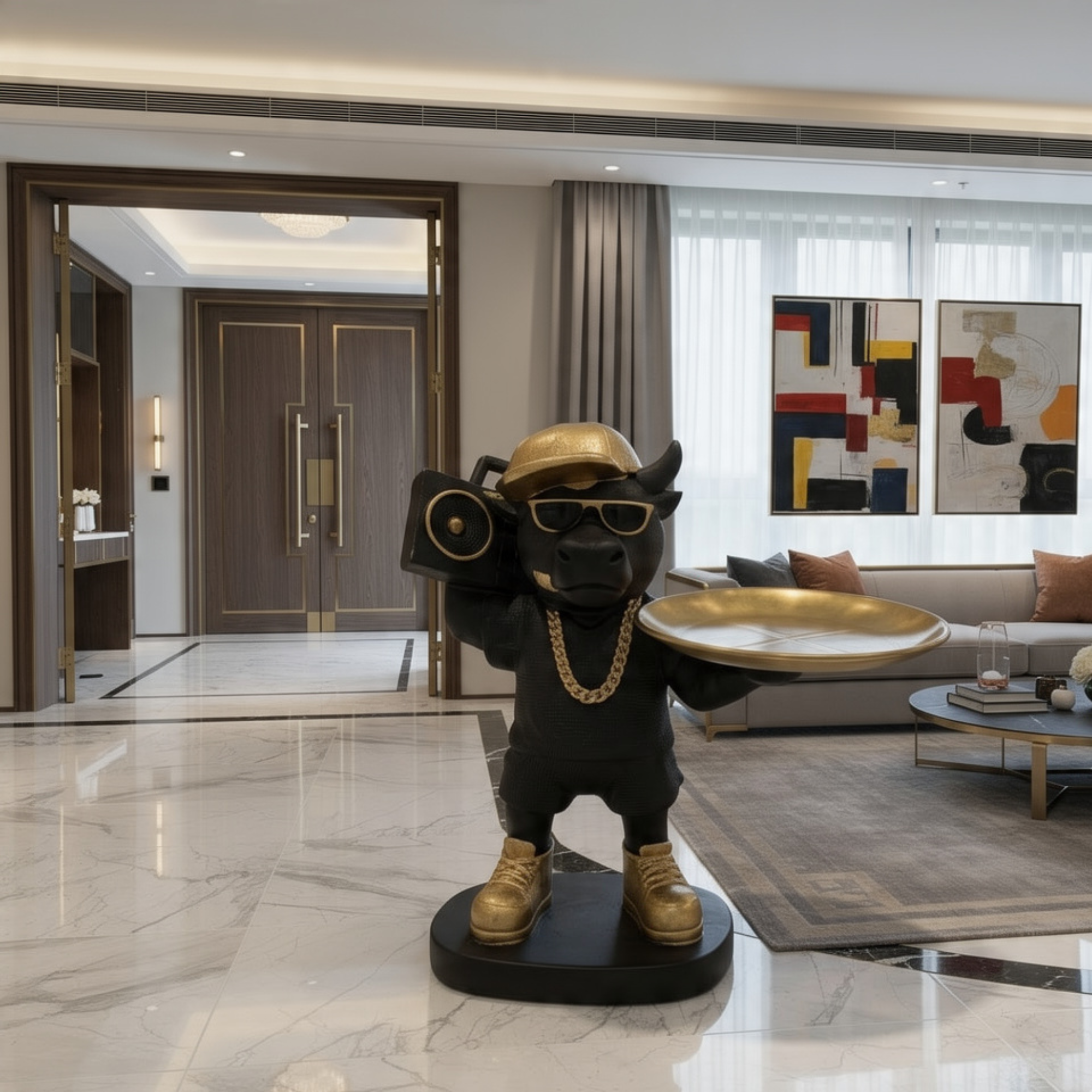 hip hop french bulldog butler statue with gold tray