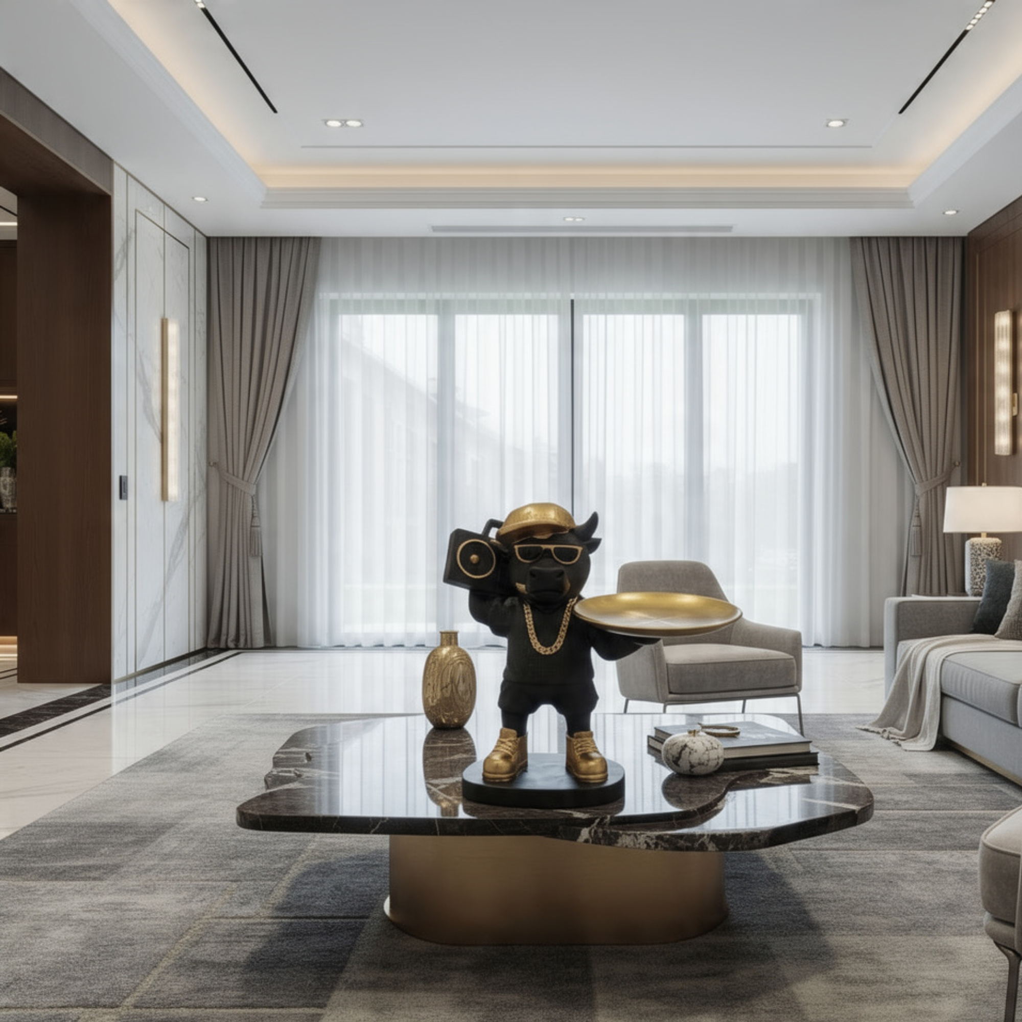 hip hop french bulldog butler statue with gold tray