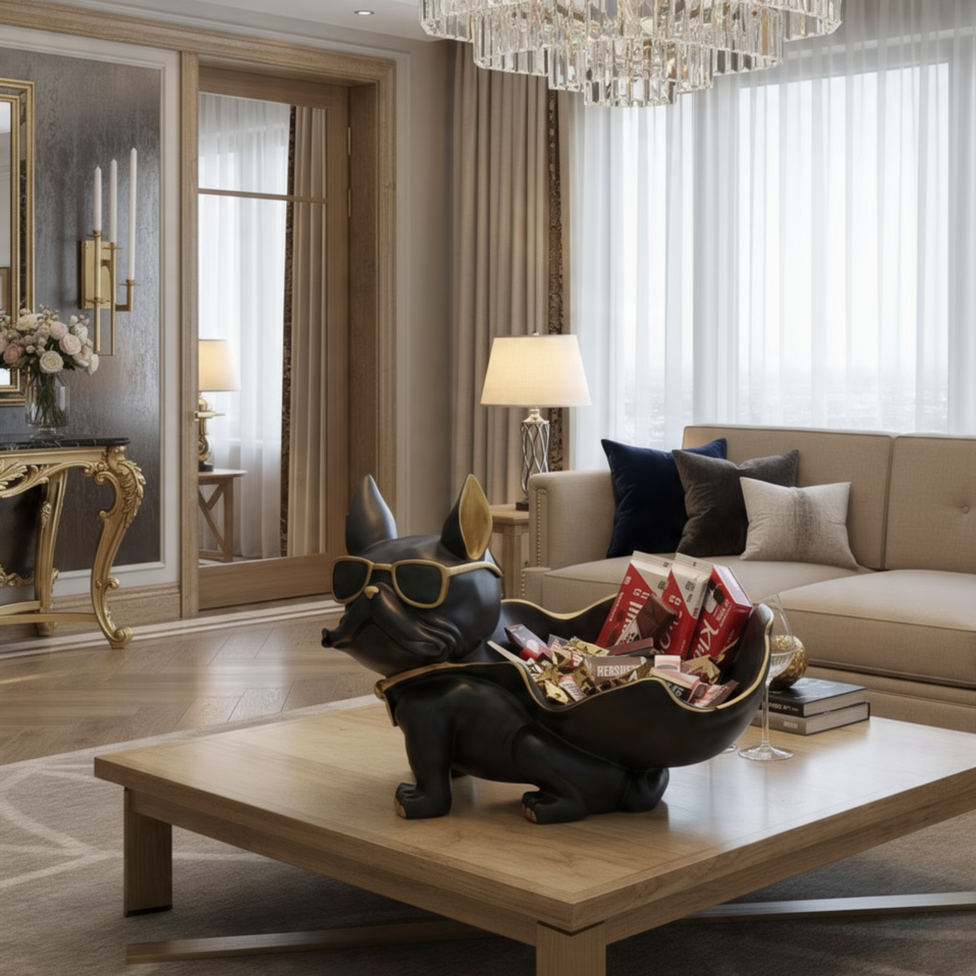 black & gold french bulldog butler sculpture statue: modern resin by luxeholic