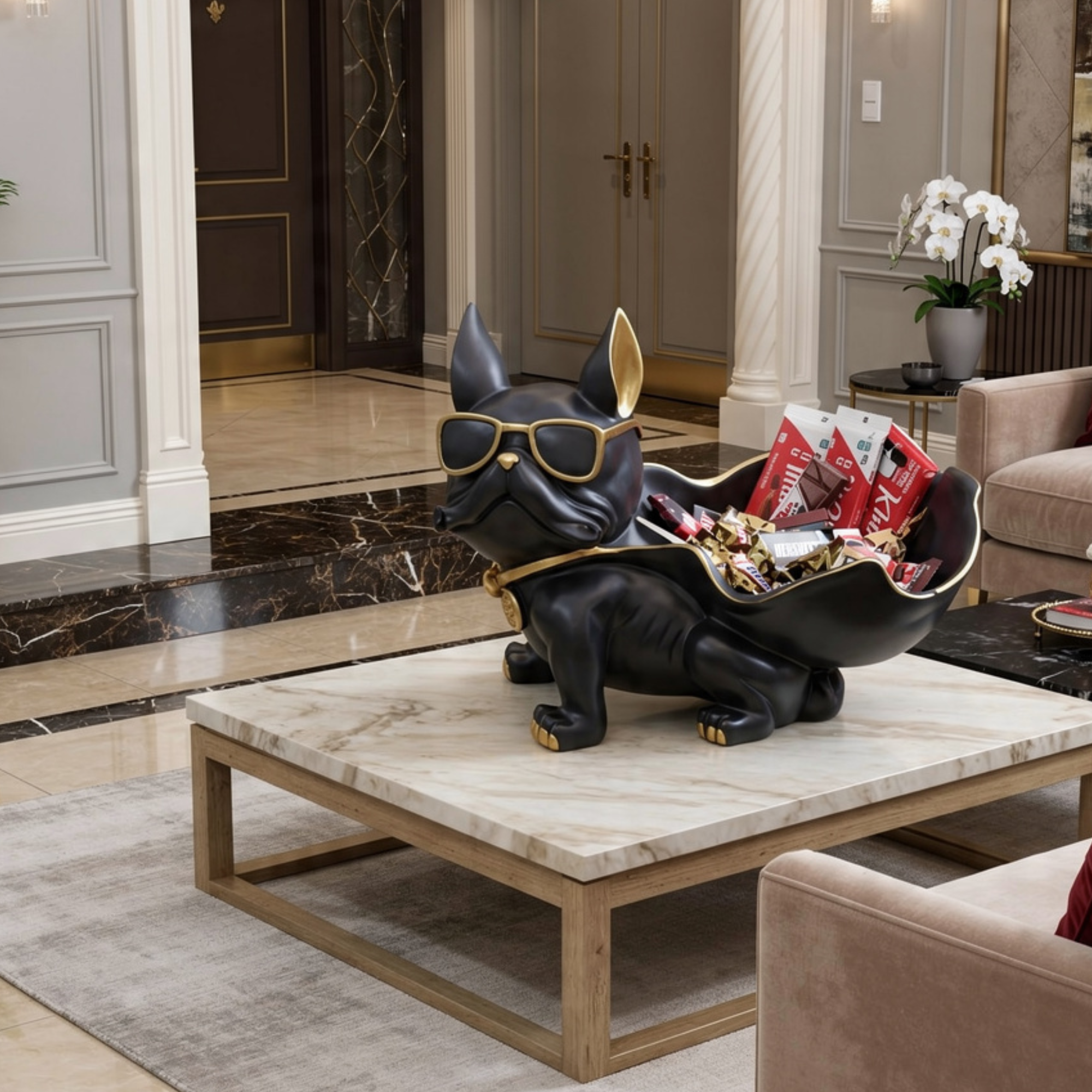 black & gold french bulldog butler sculpture statue: modern resin by luxeholic