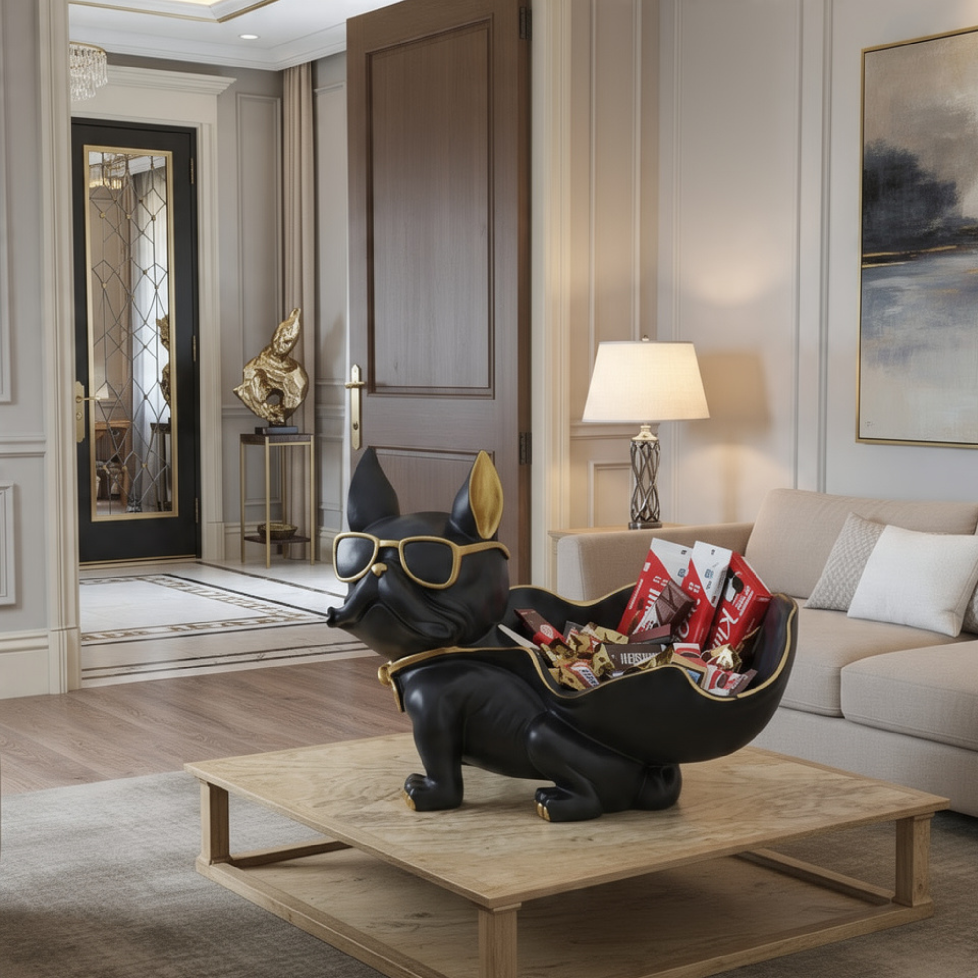 black & gold french bulldog butler sculpture statue: modern resin by luxeholic