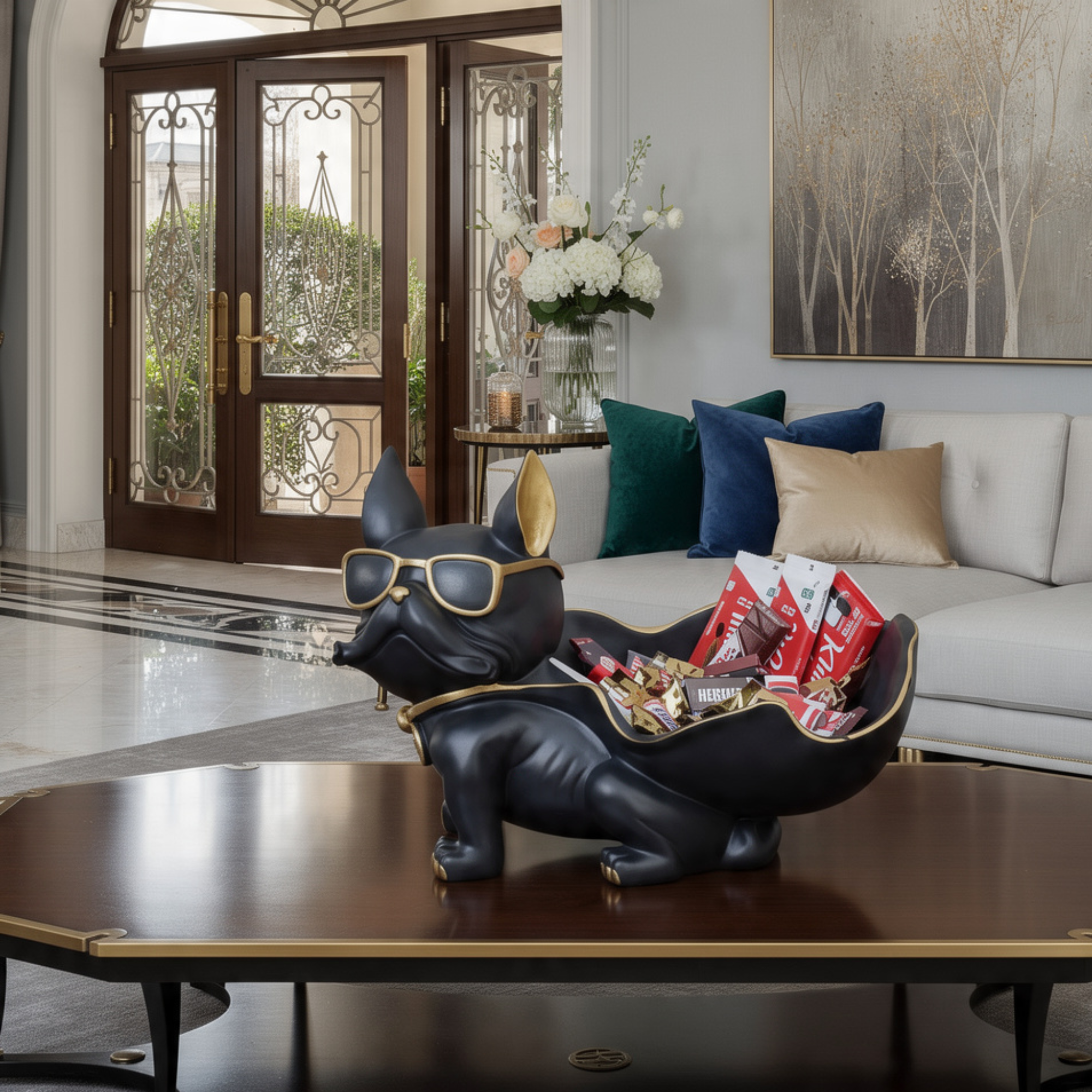 black & gold french bulldog butler sculpture statue: modern resin by luxeholic