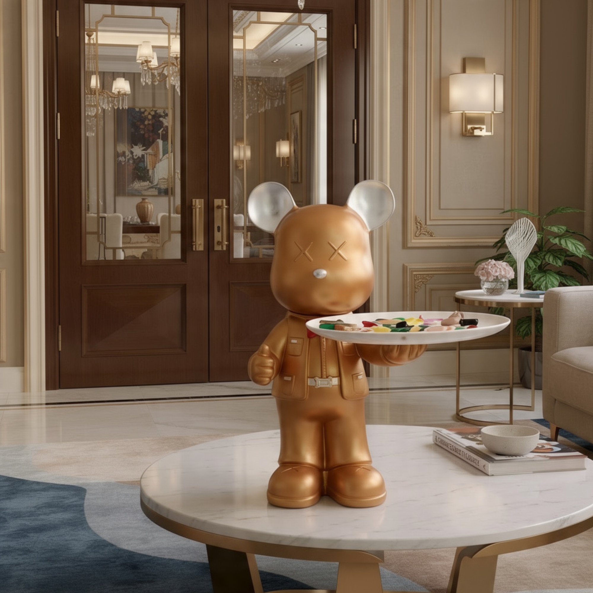 luxury gold butler bear sculpture statue with serving tray modern metallic home decor organizer