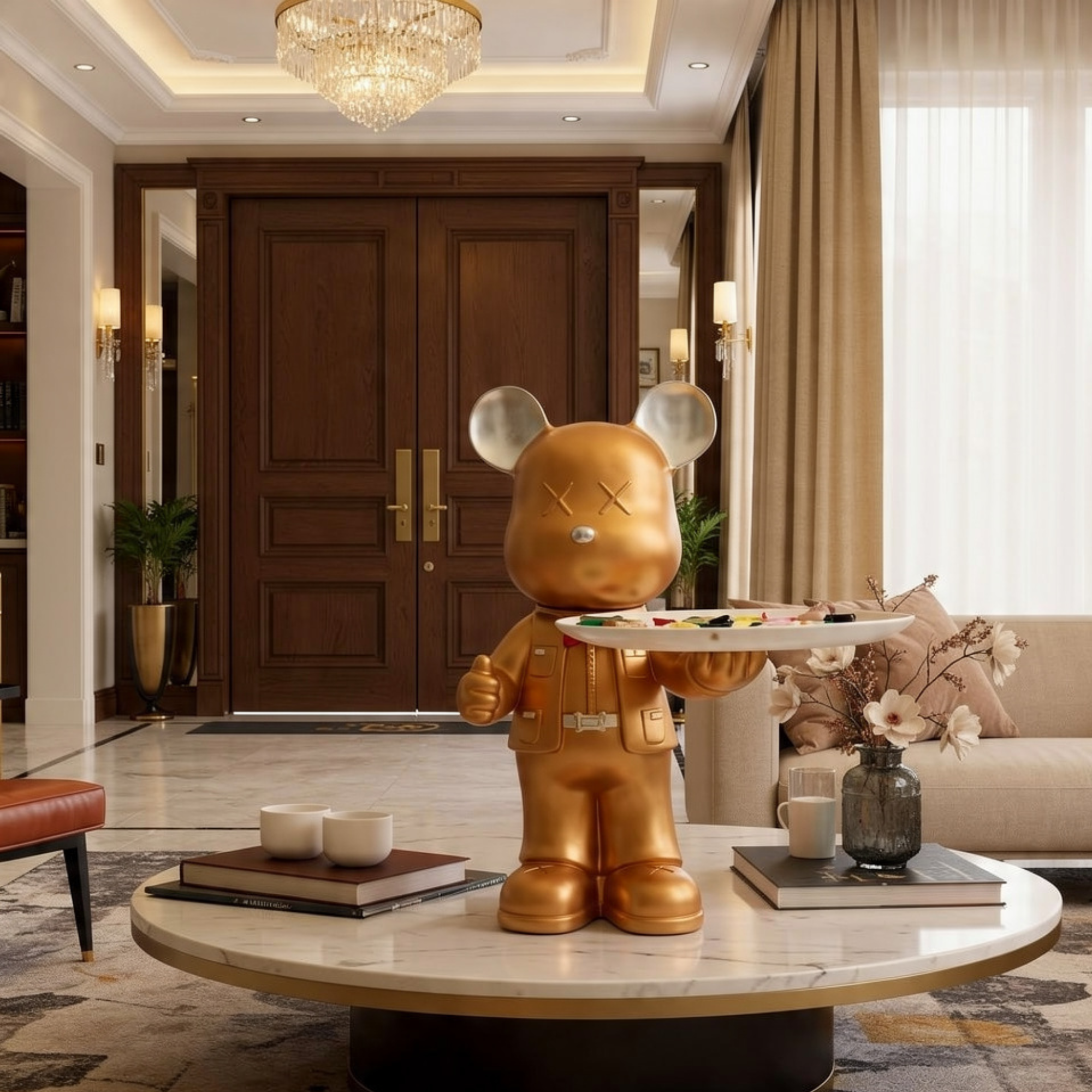 luxury gold butler bear sculpture statue with serving tray modern metallic home decor organizer