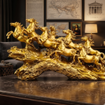 golden seven running horses feng shui statue luxury home office decor