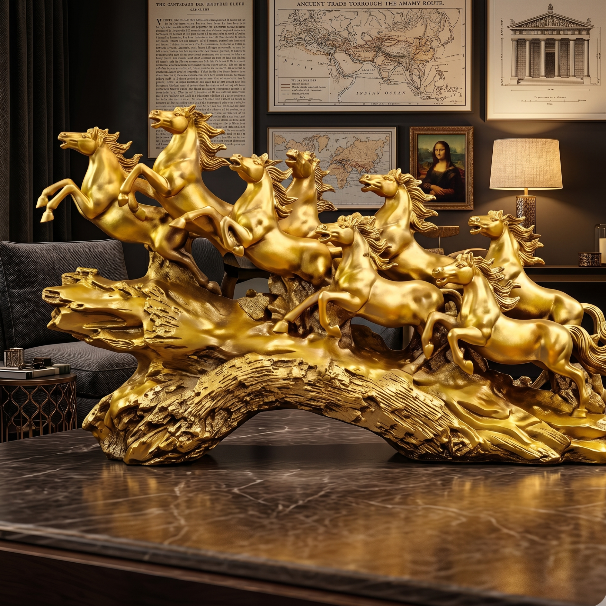 golden seven running horses feng shui statue luxury home office decor