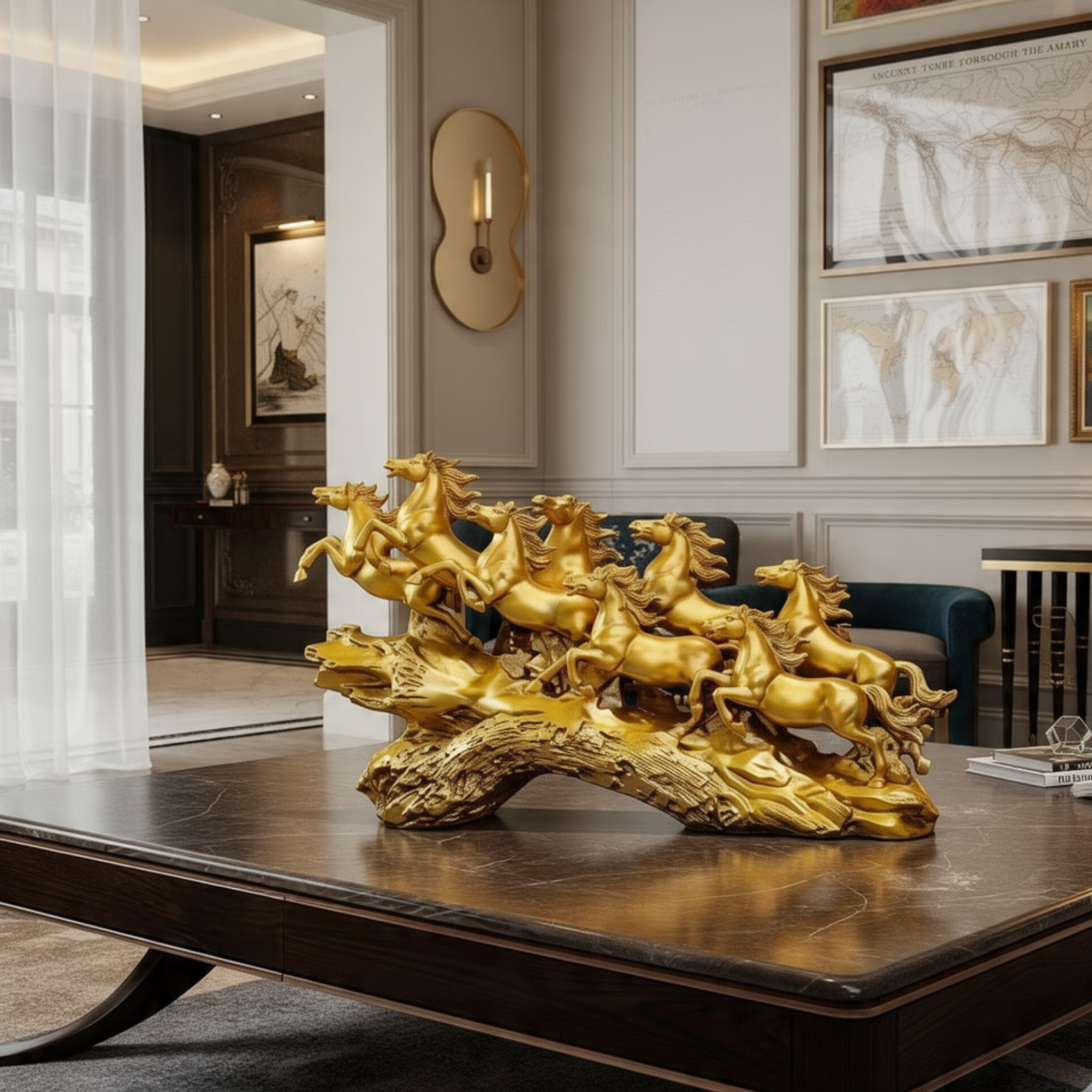 golden seven running horses feng shui statue luxury home office decor