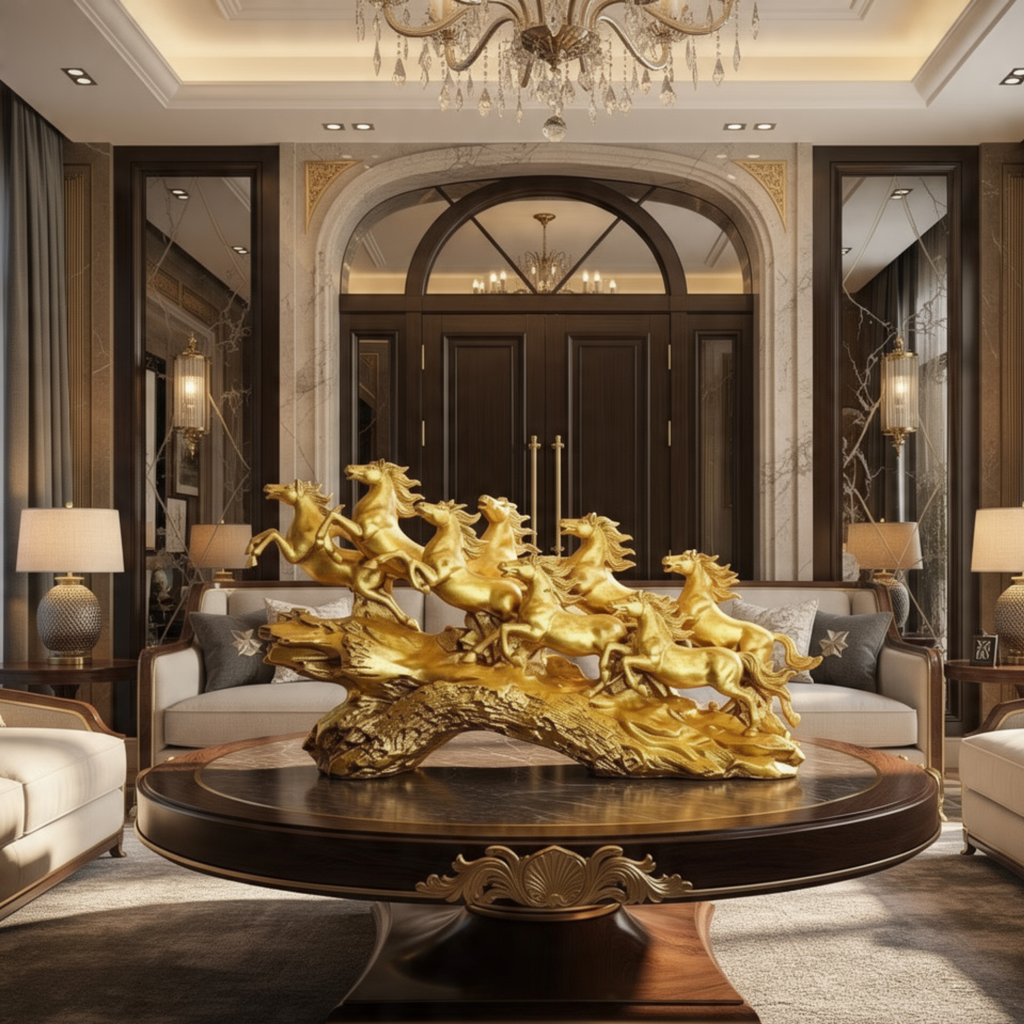 golden seven running horses feng shui statue luxury home office decor
