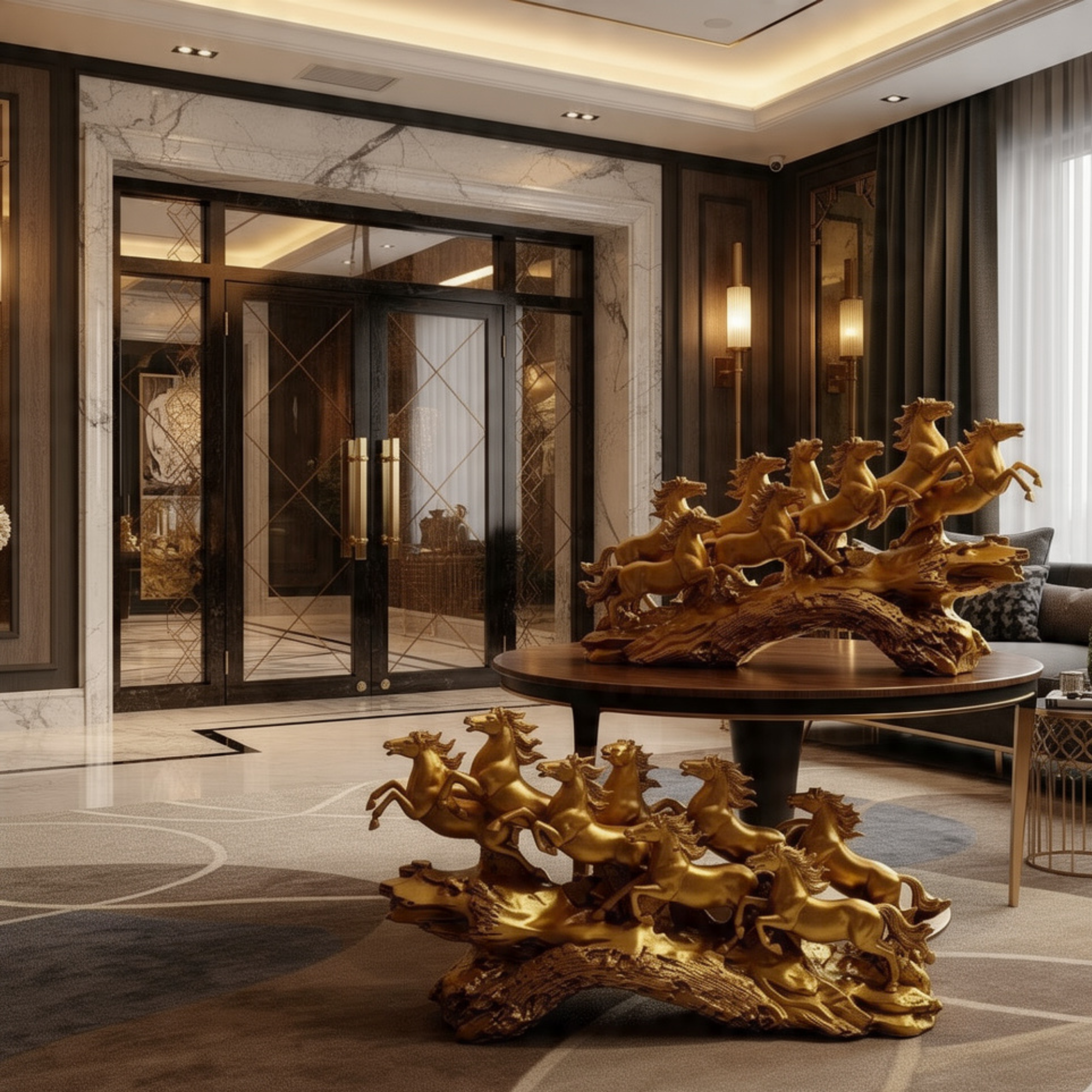 golden seven running horses feng shui statue luxury home office decor
