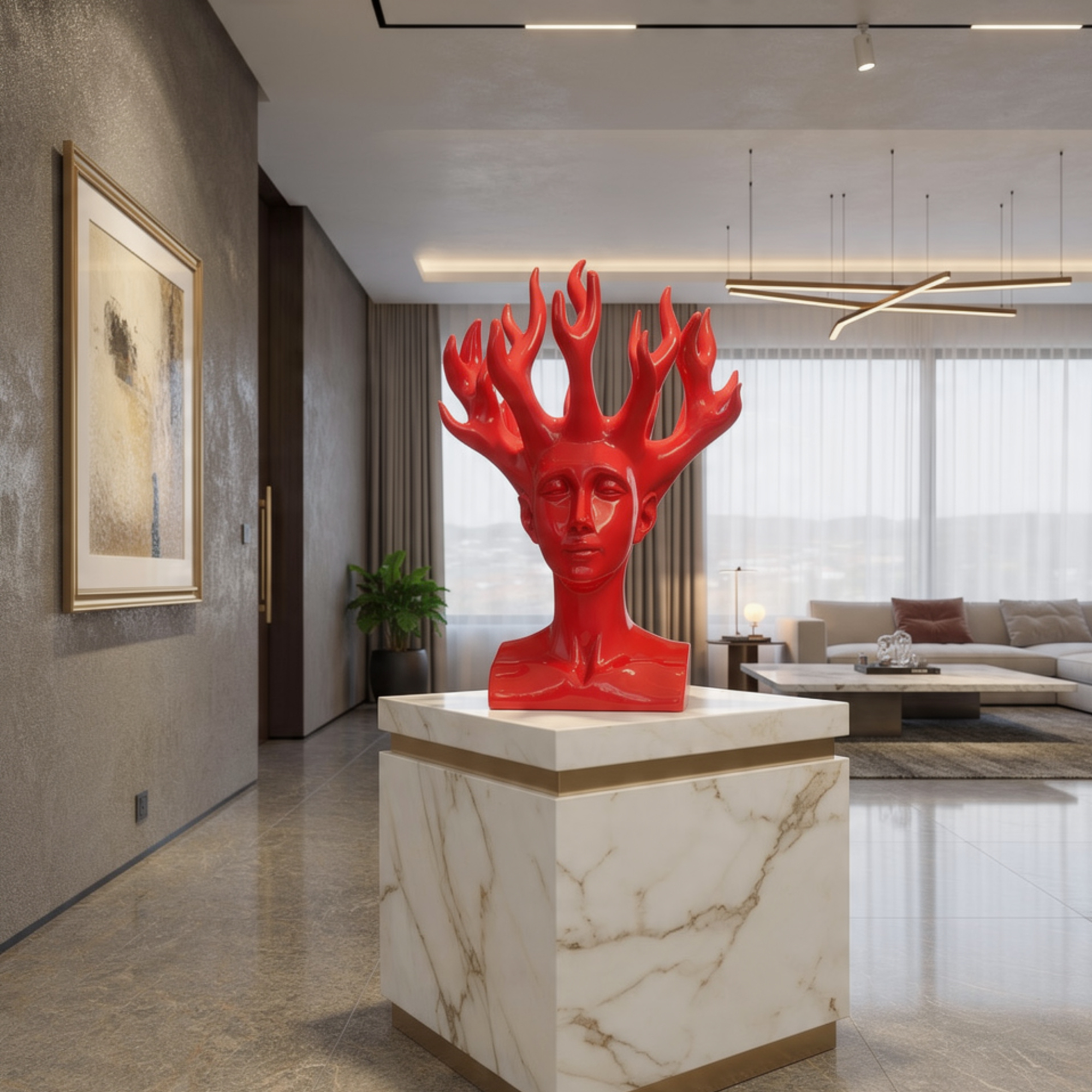 modern red bust vase flame antlers contemporary human face sculpture luxury home decor