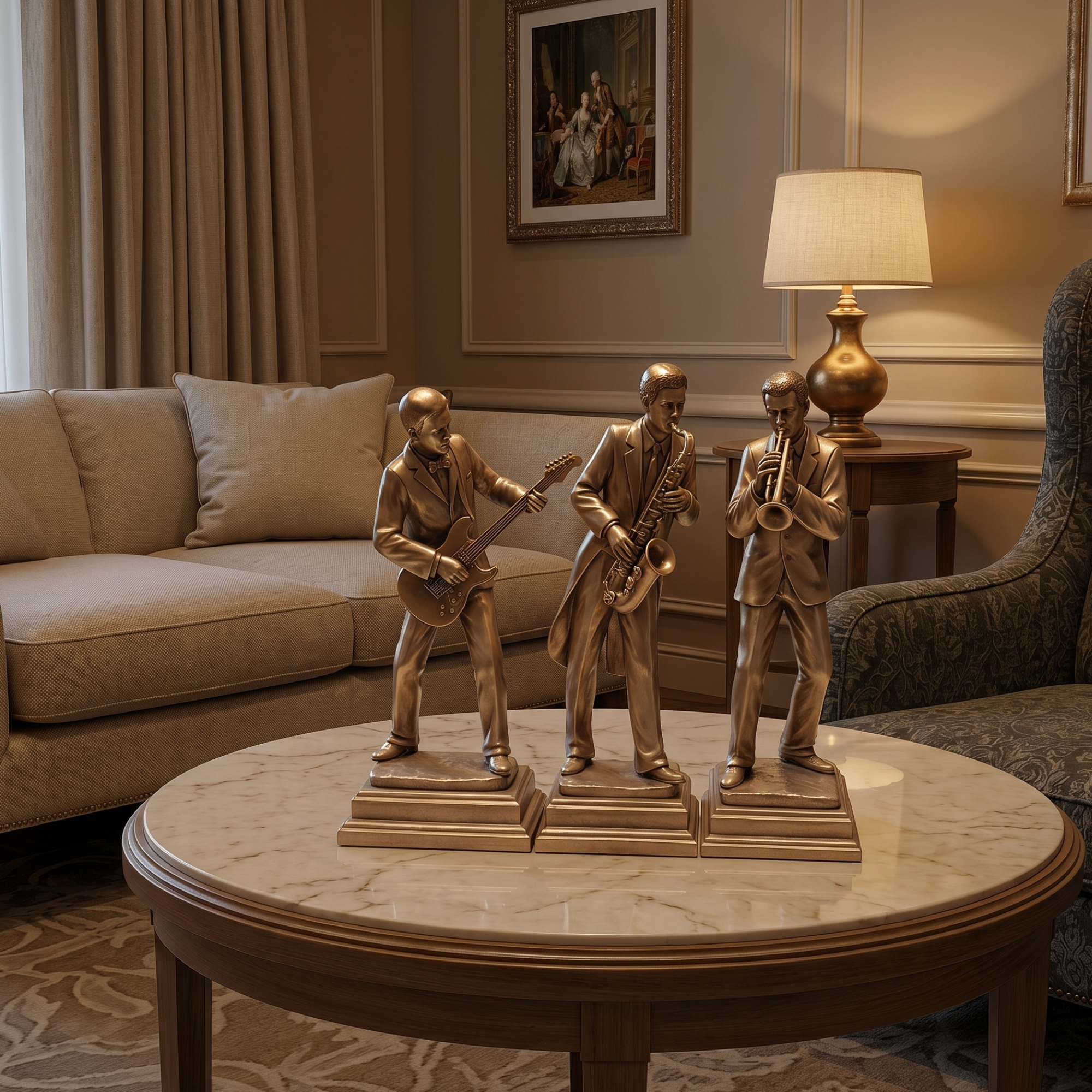 gold jazz band musician sculpture statues luxury trio set elegant modern music by luxeholic