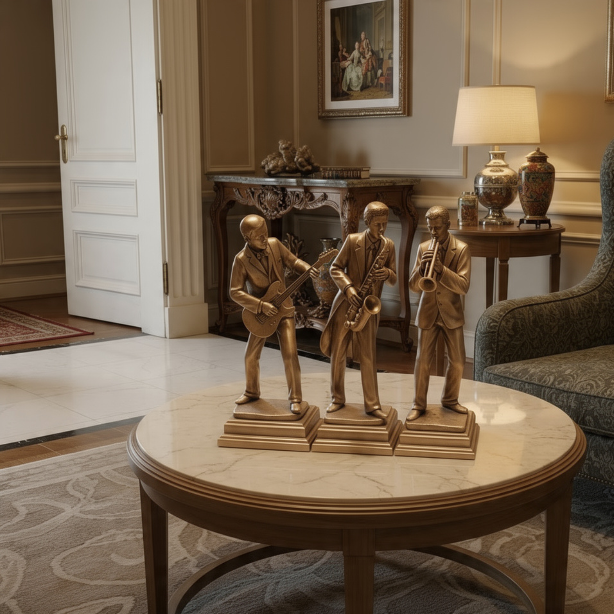 gold jazz band musician sculpture statues luxury trio set elegant modern music by luxeholic