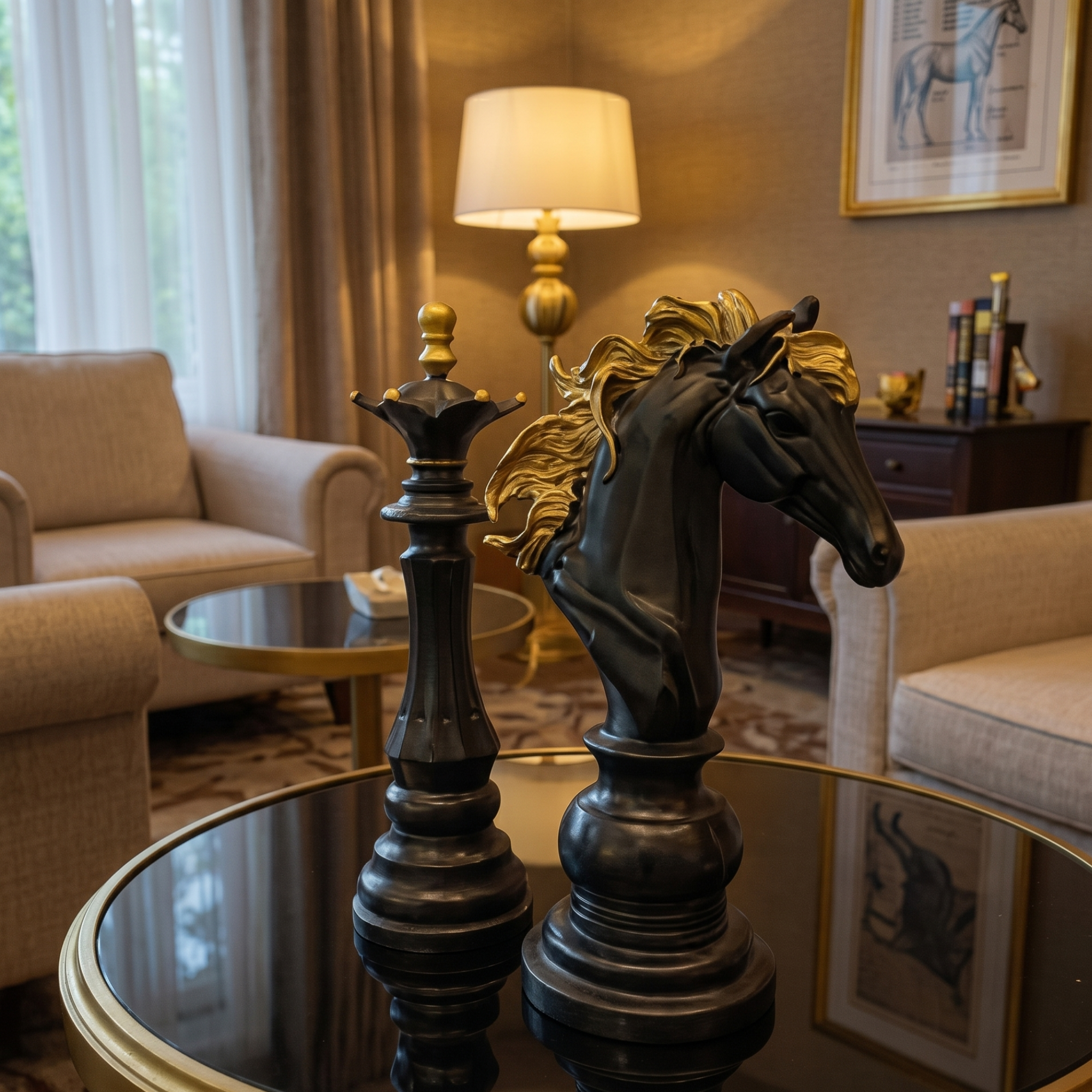 luxury giant chess piece sculpture statues black and gold king queen by luxeholic