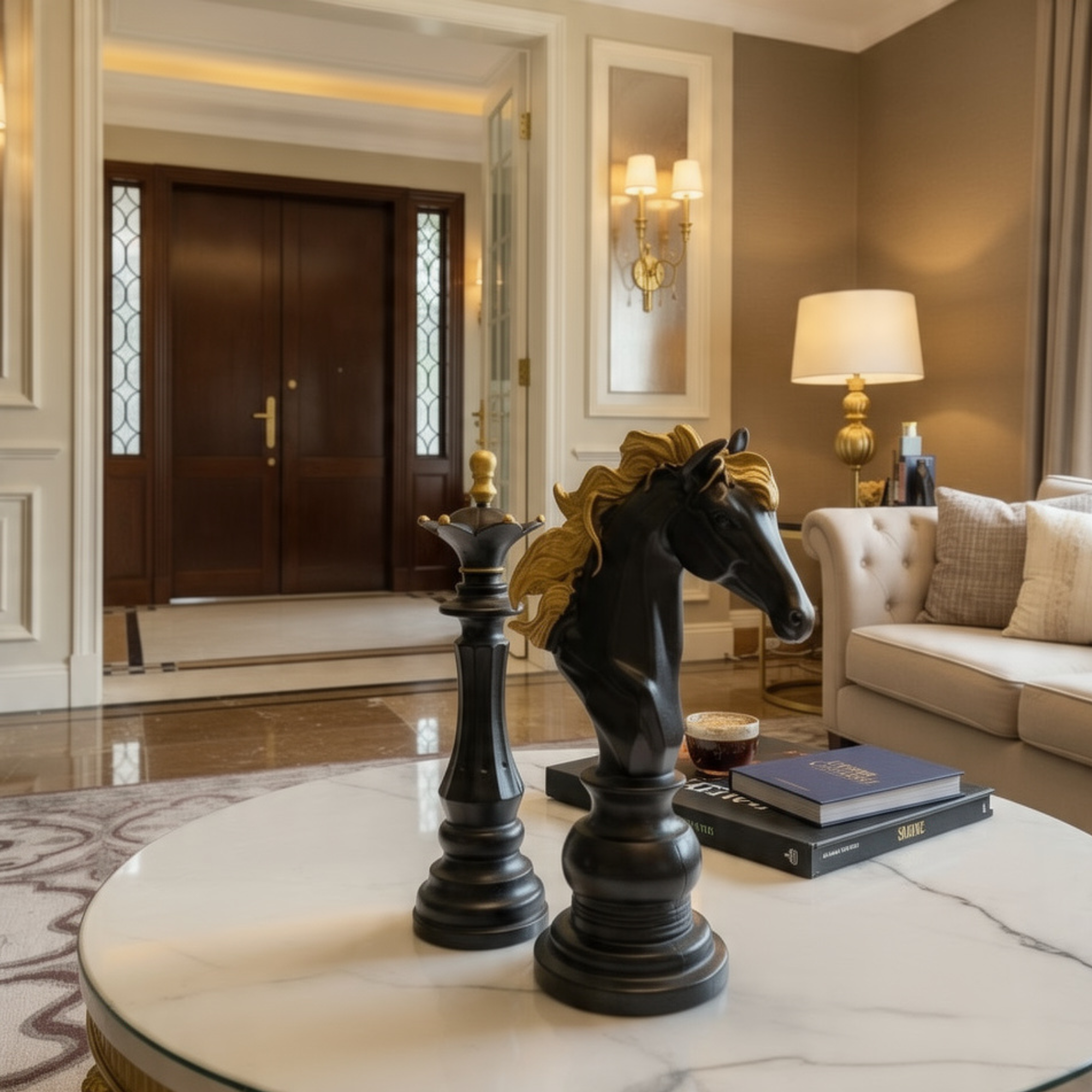 luxury giant chess piece sculpture statues black and gold king queen by luxeholic