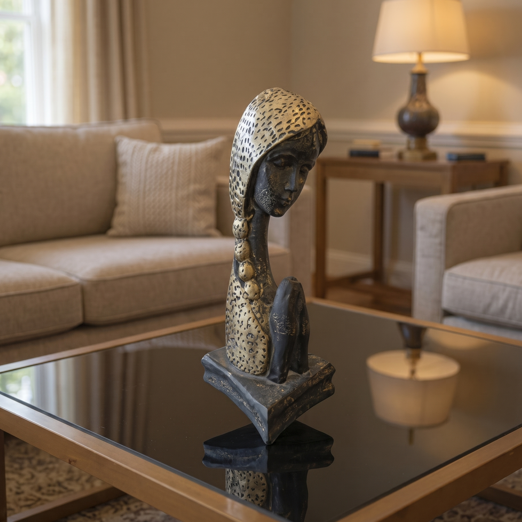 modern praying muse bust elegant gold black textured zen decorative sculpture by luxeholic