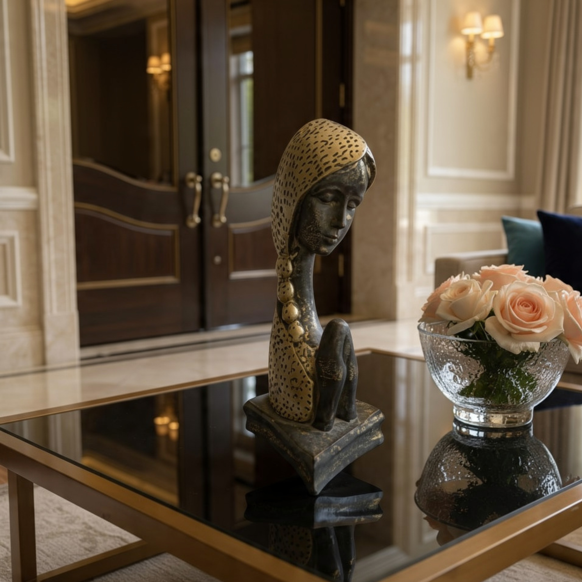 modern praying muse bust elegant gold black textured zen decorative sculpture by luxeholic