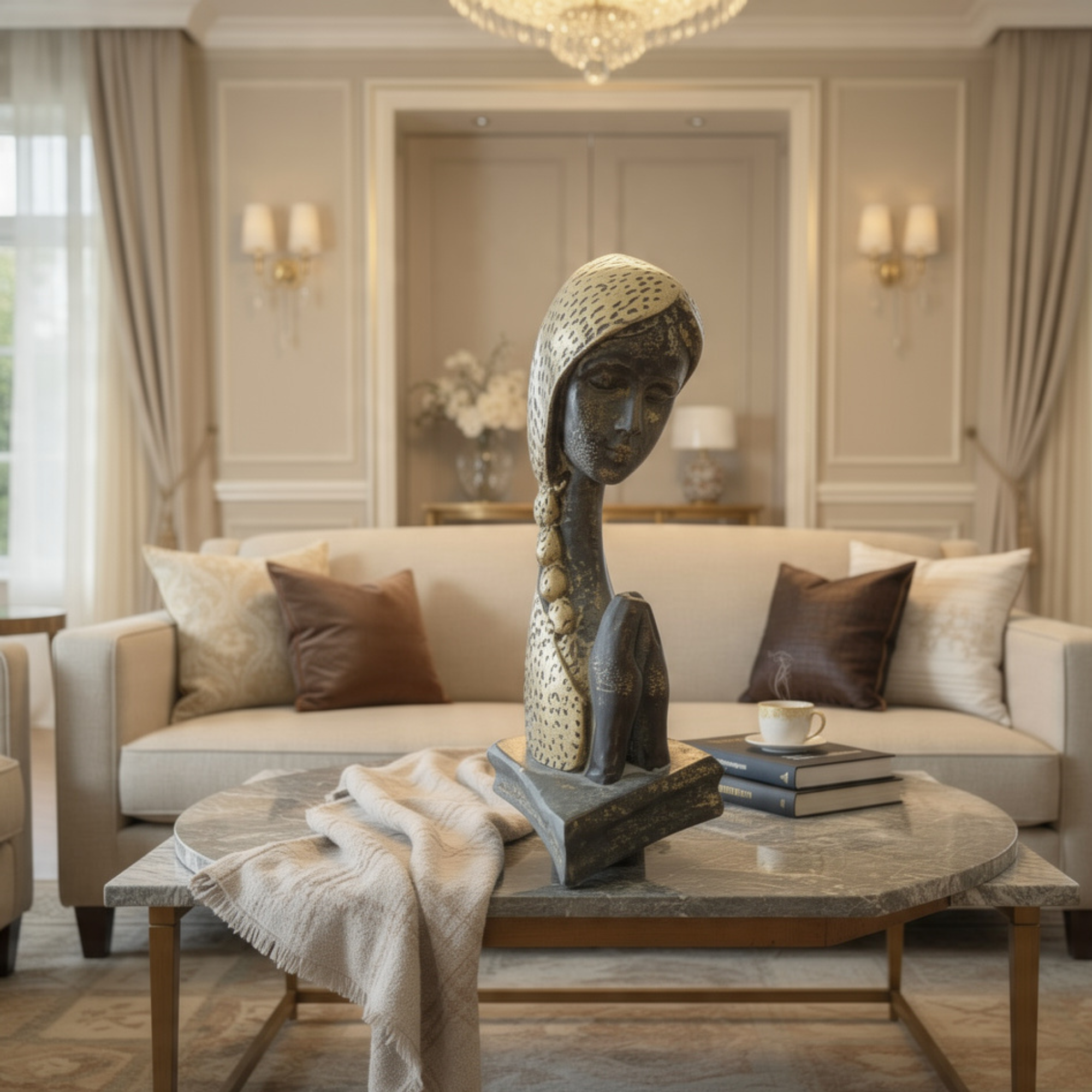 modern praying muse bust elegant gold black textured zen decorative sculpture by luxeholic