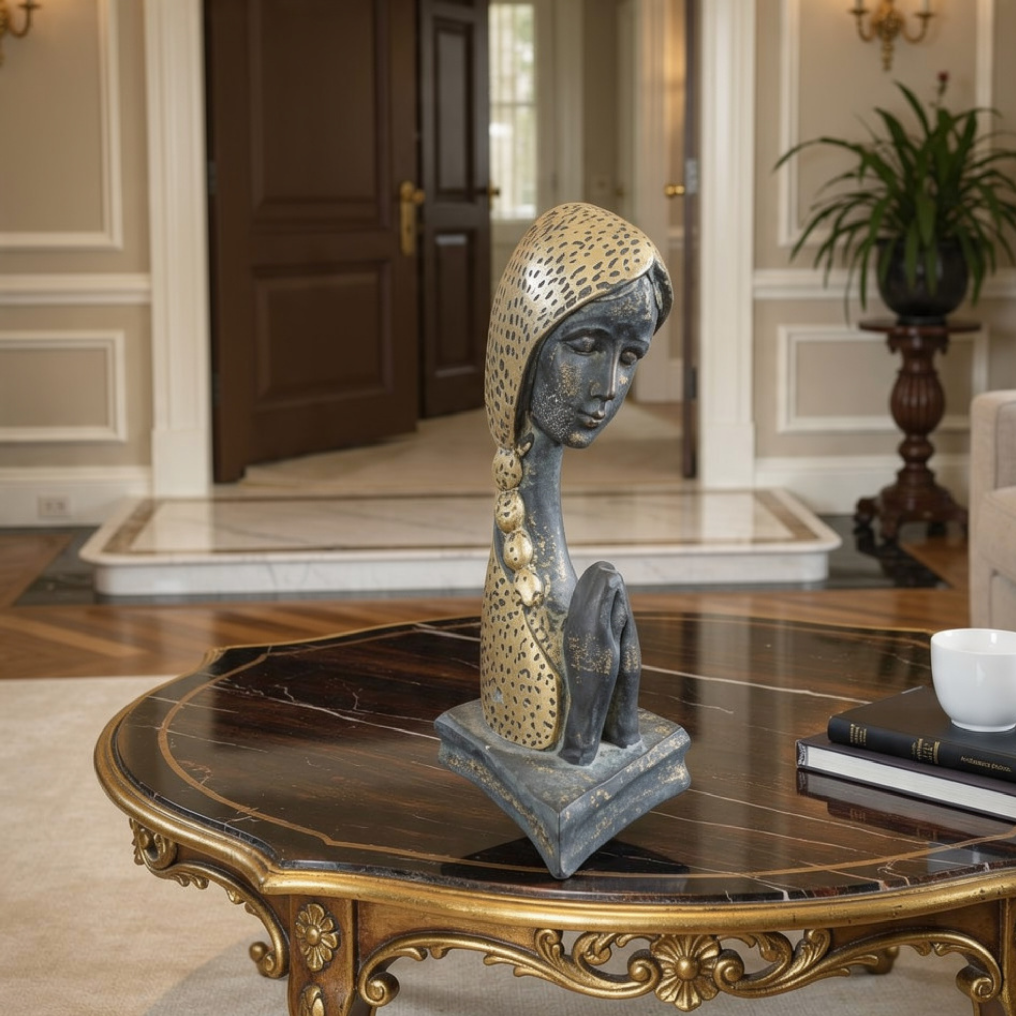 modern praying muse bust elegant gold black textured zen decorative sculpture by luxeholic