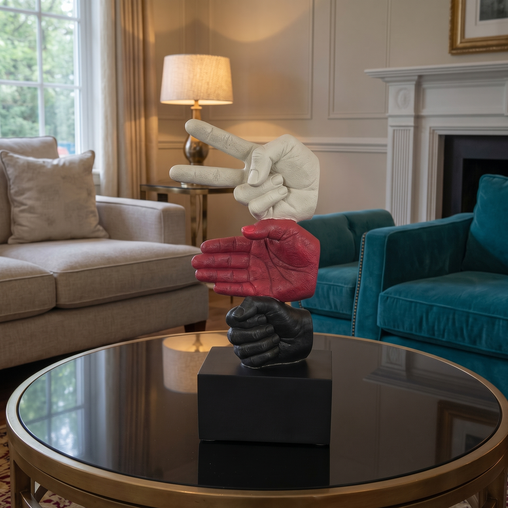 modern rock paper scissors hand sculpture bold tricolor trio statue by luxeholic