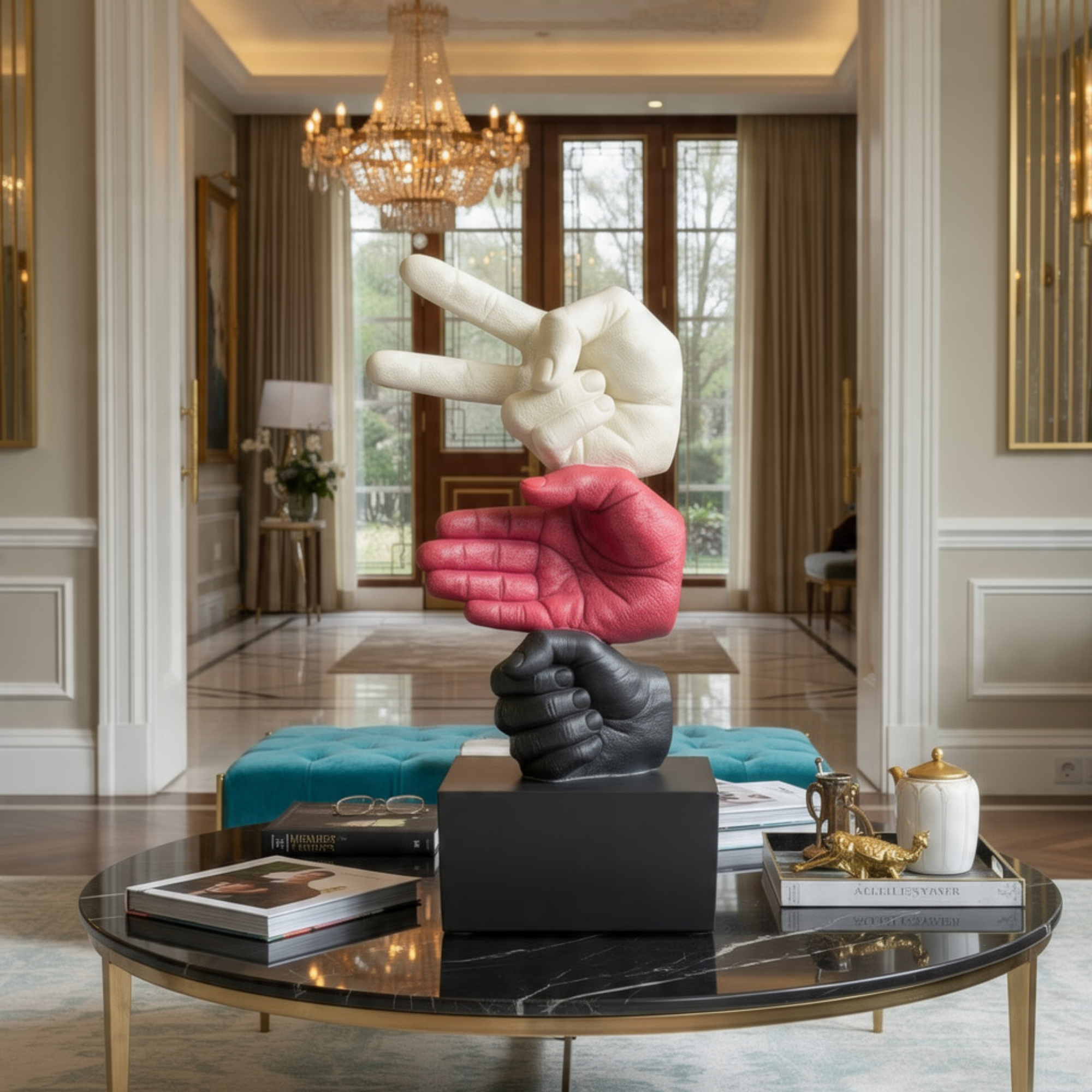 modern rock paper scissors hand sculpture bold tricolor trio statue by luxeholic