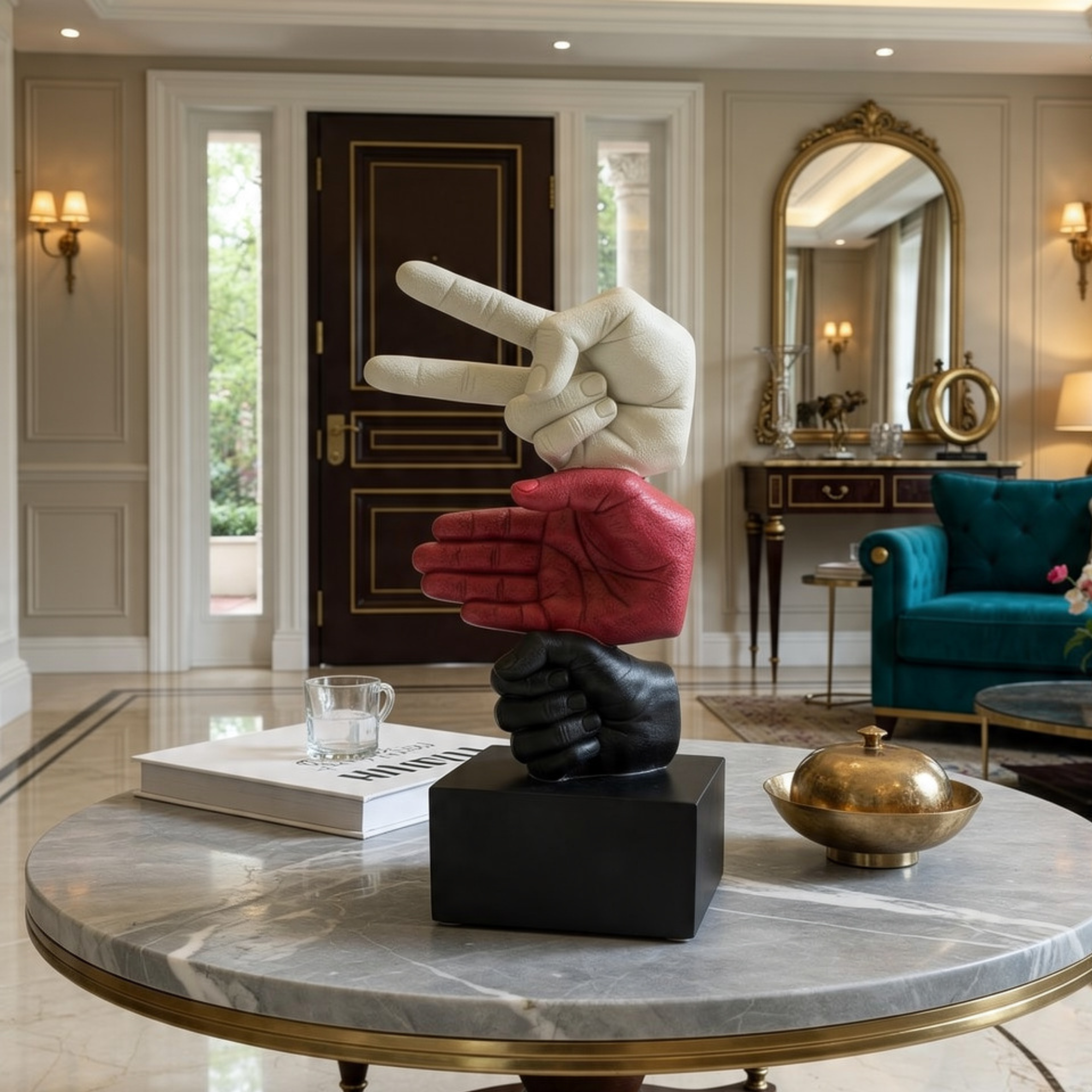 modern rock paper scissors hand sculpture bold tricolor trio statue by luxeholic