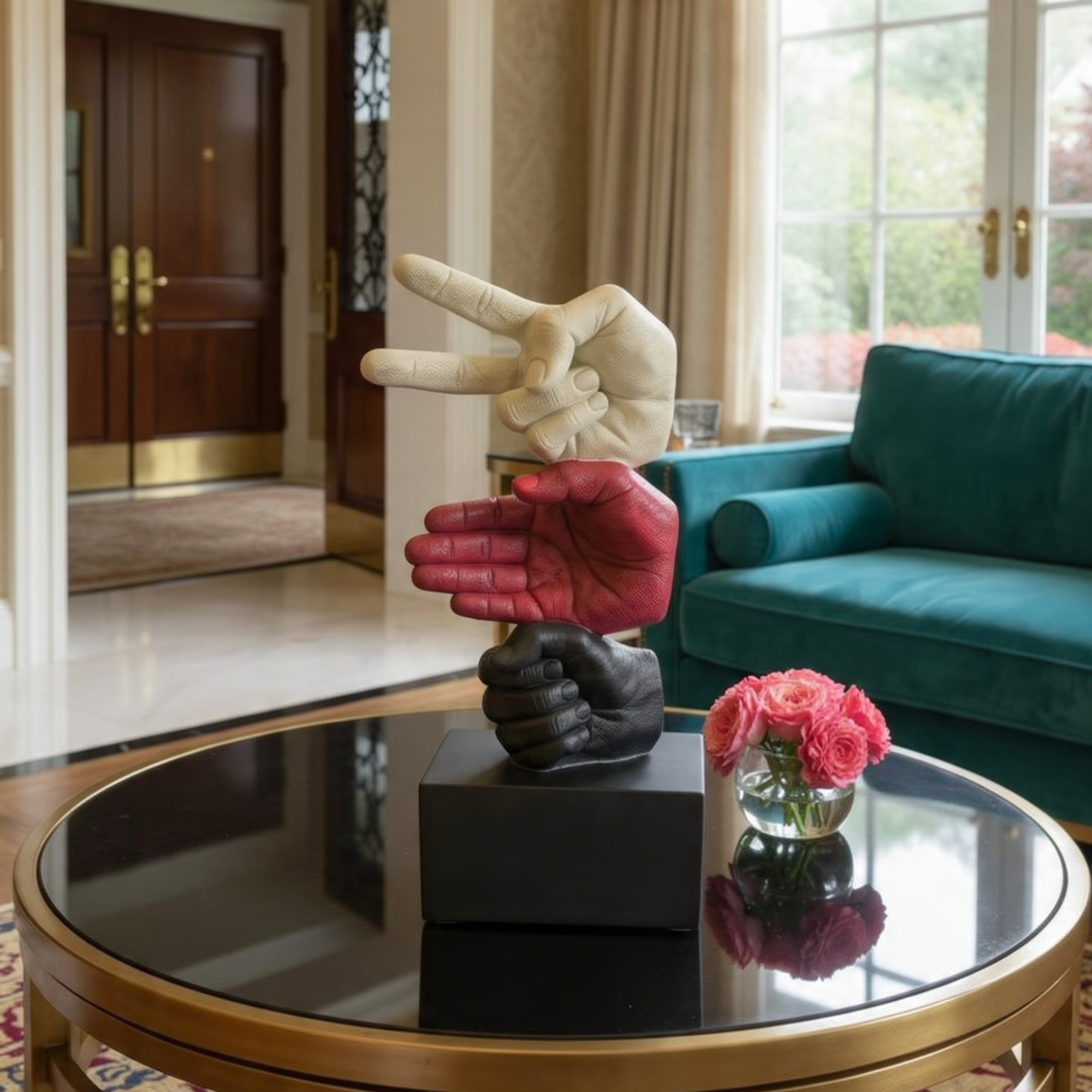 modern rock paper scissors hand sculpture bold tricolor trio statue by luxeholic