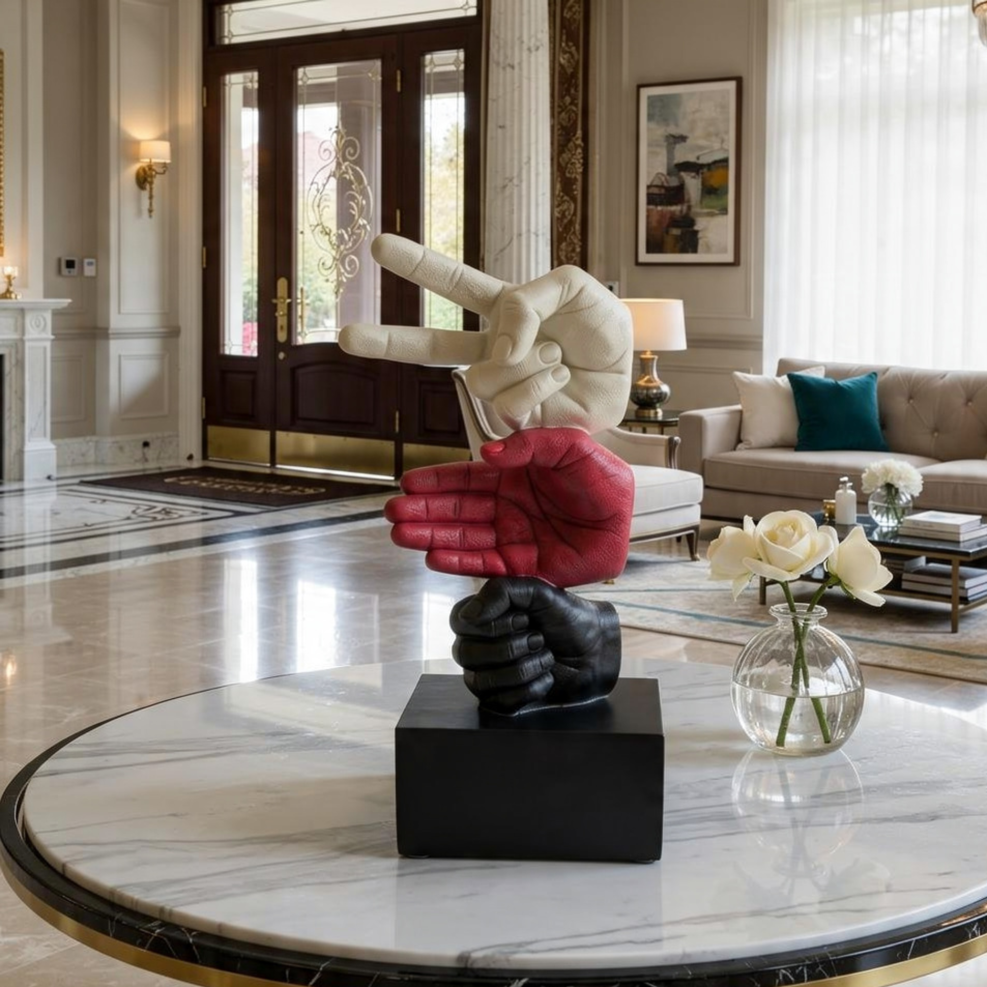 modern rock paper scissors hand sculpture bold tricolor trio statue by luxeholic