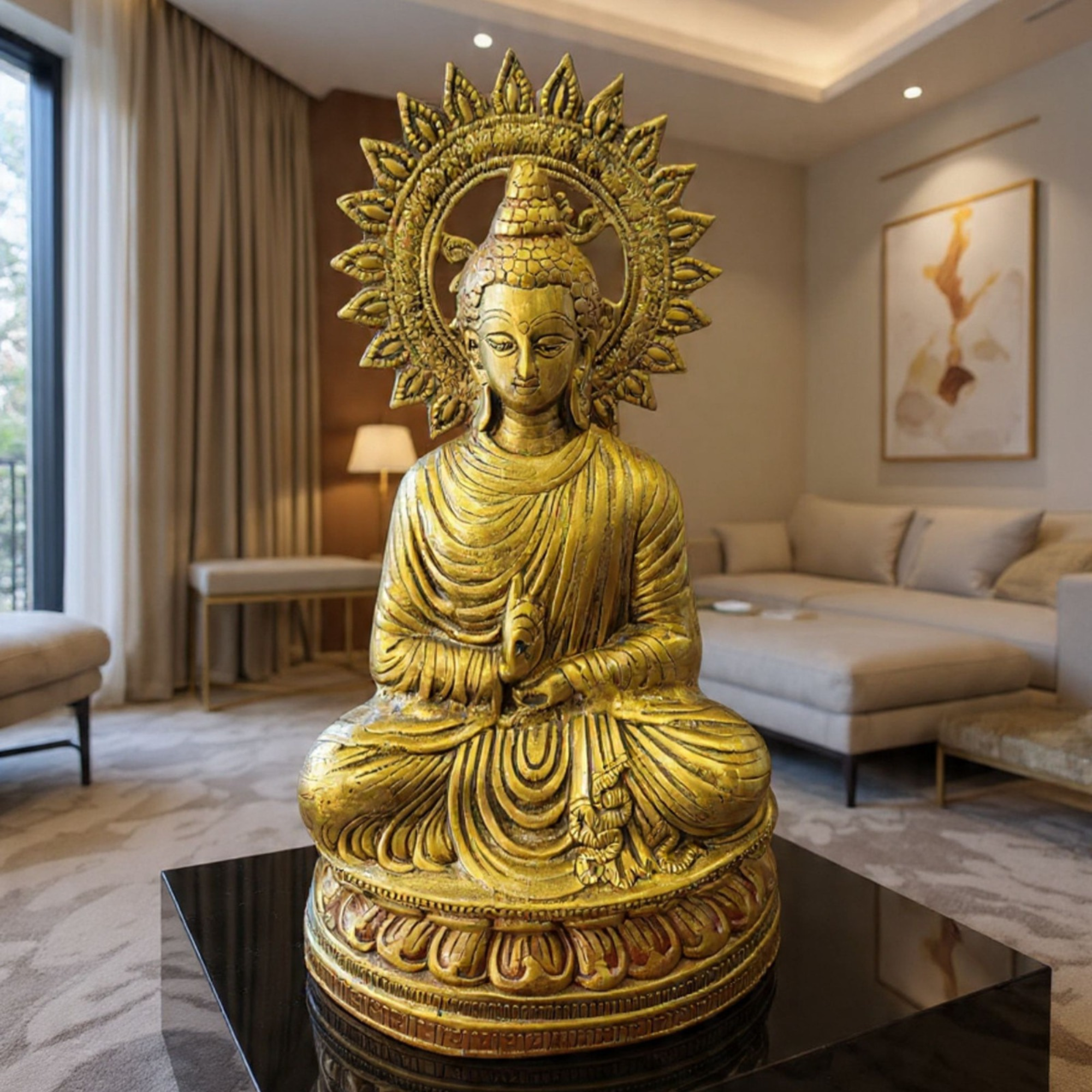 antique gold sun halo buddha statue large ornate home decor