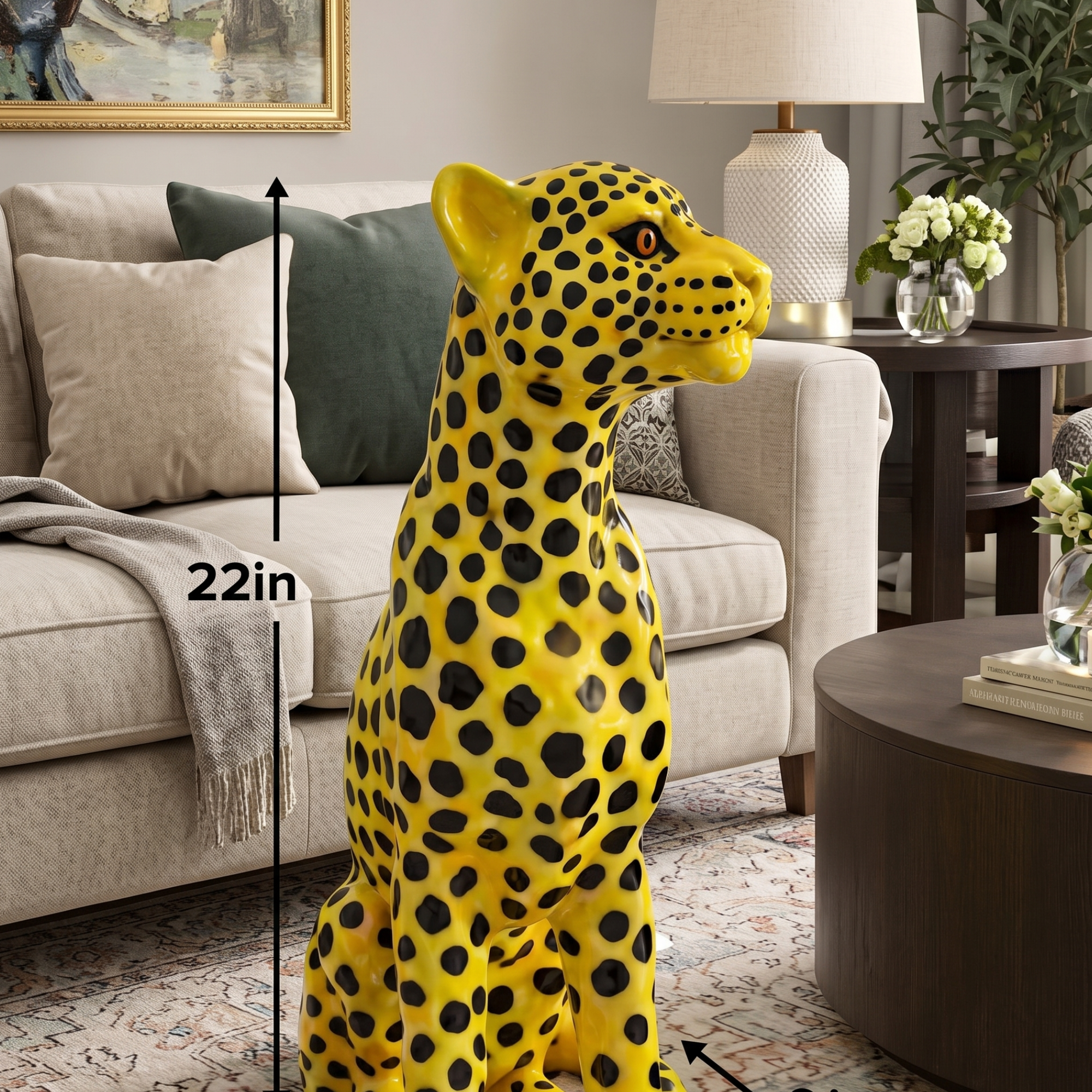 modern yellow spotted leopard statue large cheetah floor sculpture luxury maximalist home decor