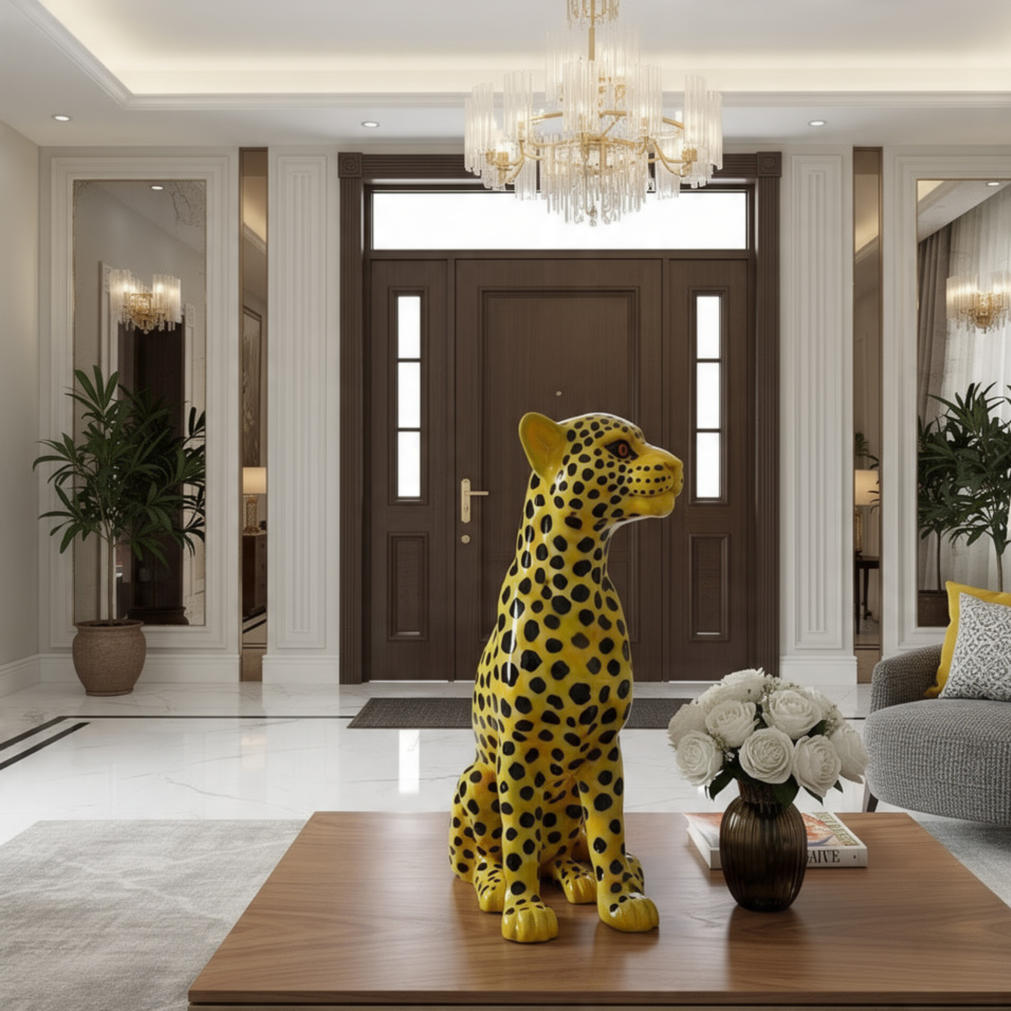 modern yellow spotted leopard statue large cheetah floor sculpture luxury maximalist home decor